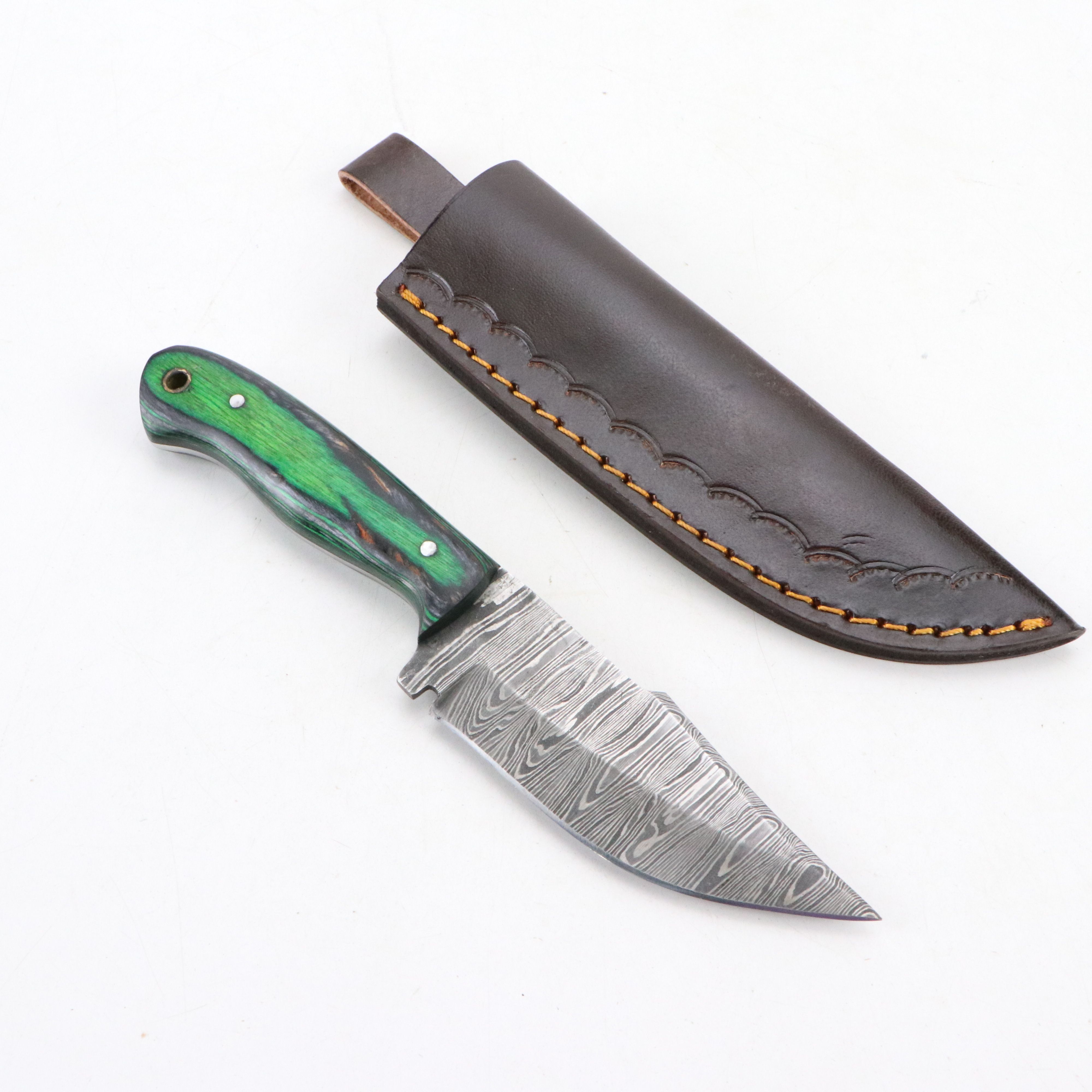 Damascus Steel and Antler Handled Skinner Knives with Hunting Knives and Cleaver