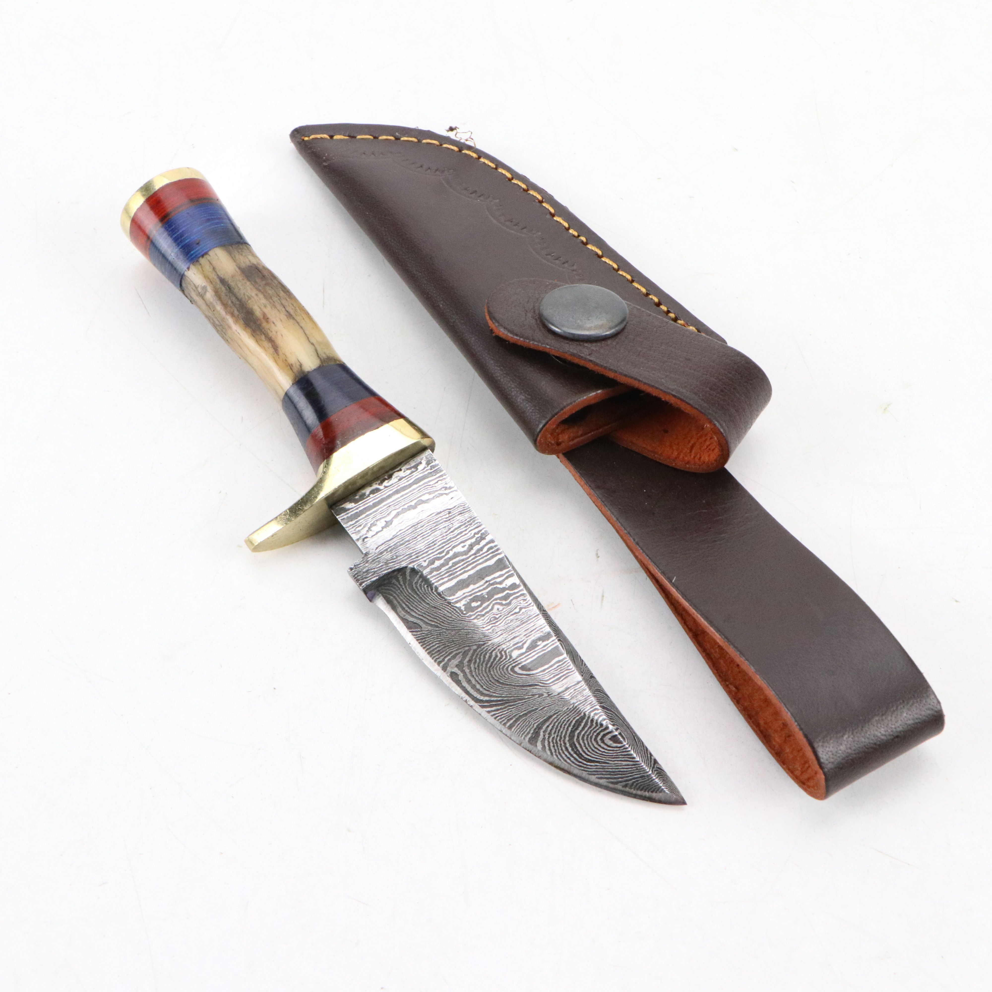 Damascus Steel and Antler Handled Skinner Knives with Hunting Knives and Cleaver