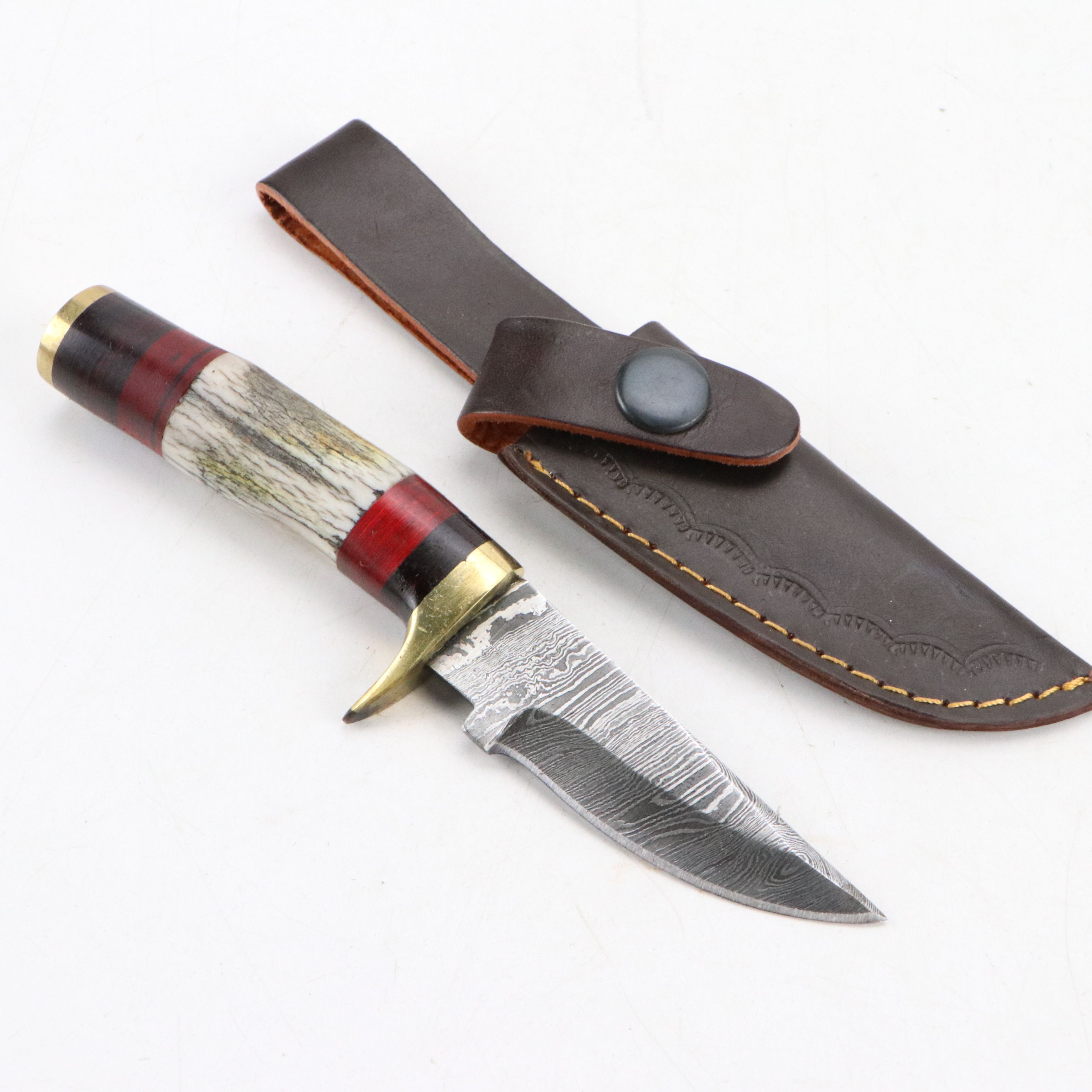 Damascus Steel and Antler Handled Skinner Knives with Hunting Knives and Cleaver
