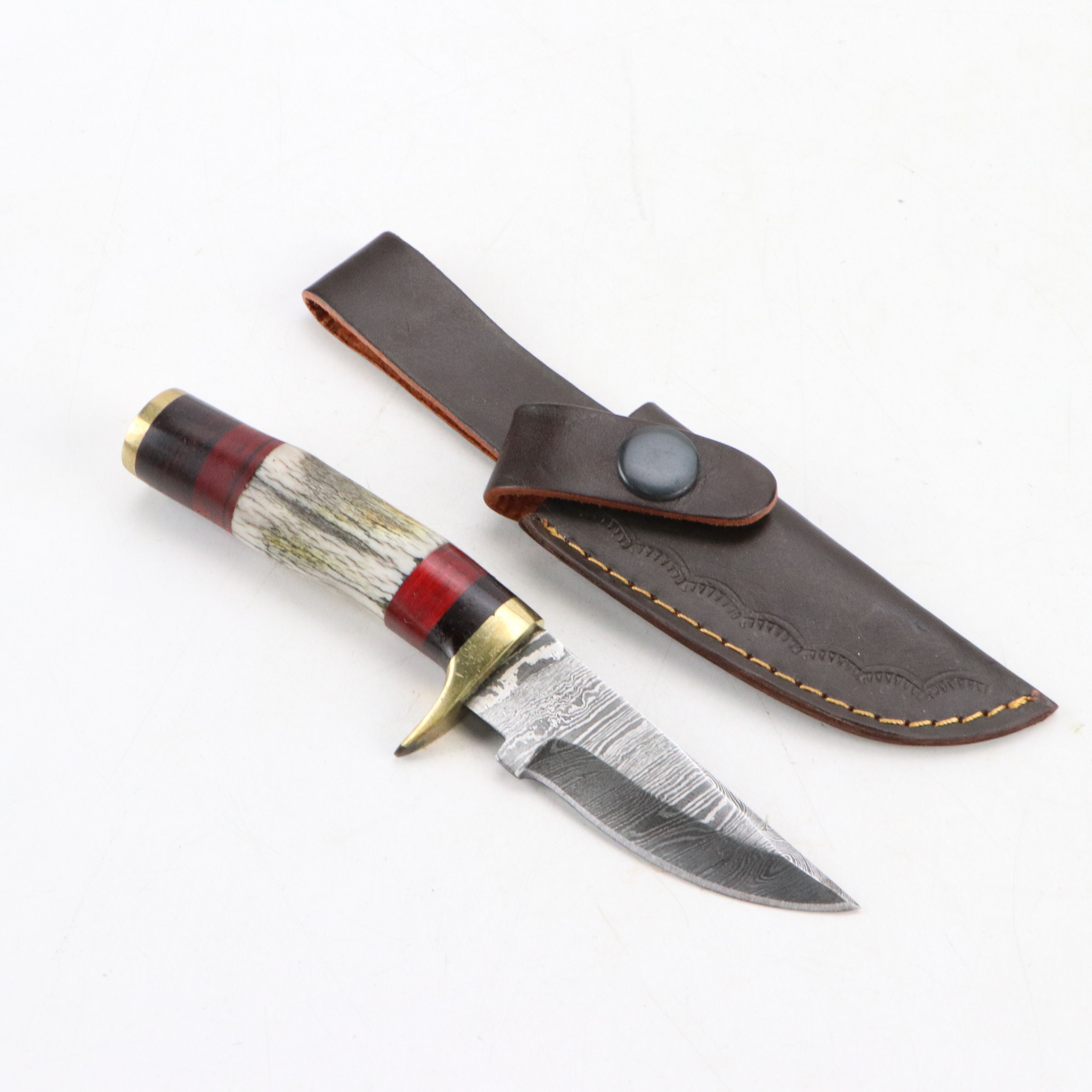 Damascus Steel and Antler Handled Skinner Knives with Hunting Knives and Cleaver