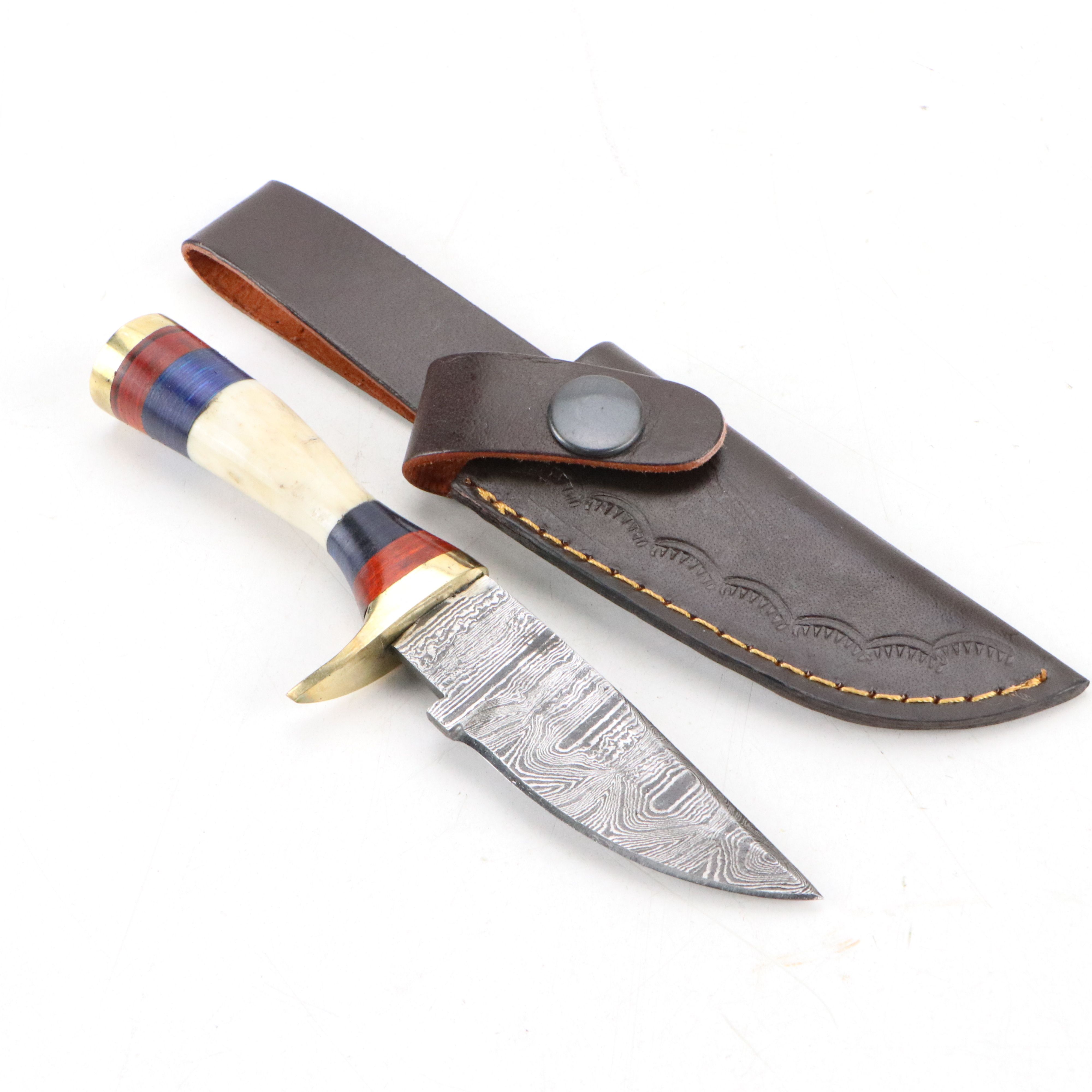 Damascus Steel and Antler Handled Skinner Knives with Hunting Knives and Cleaver