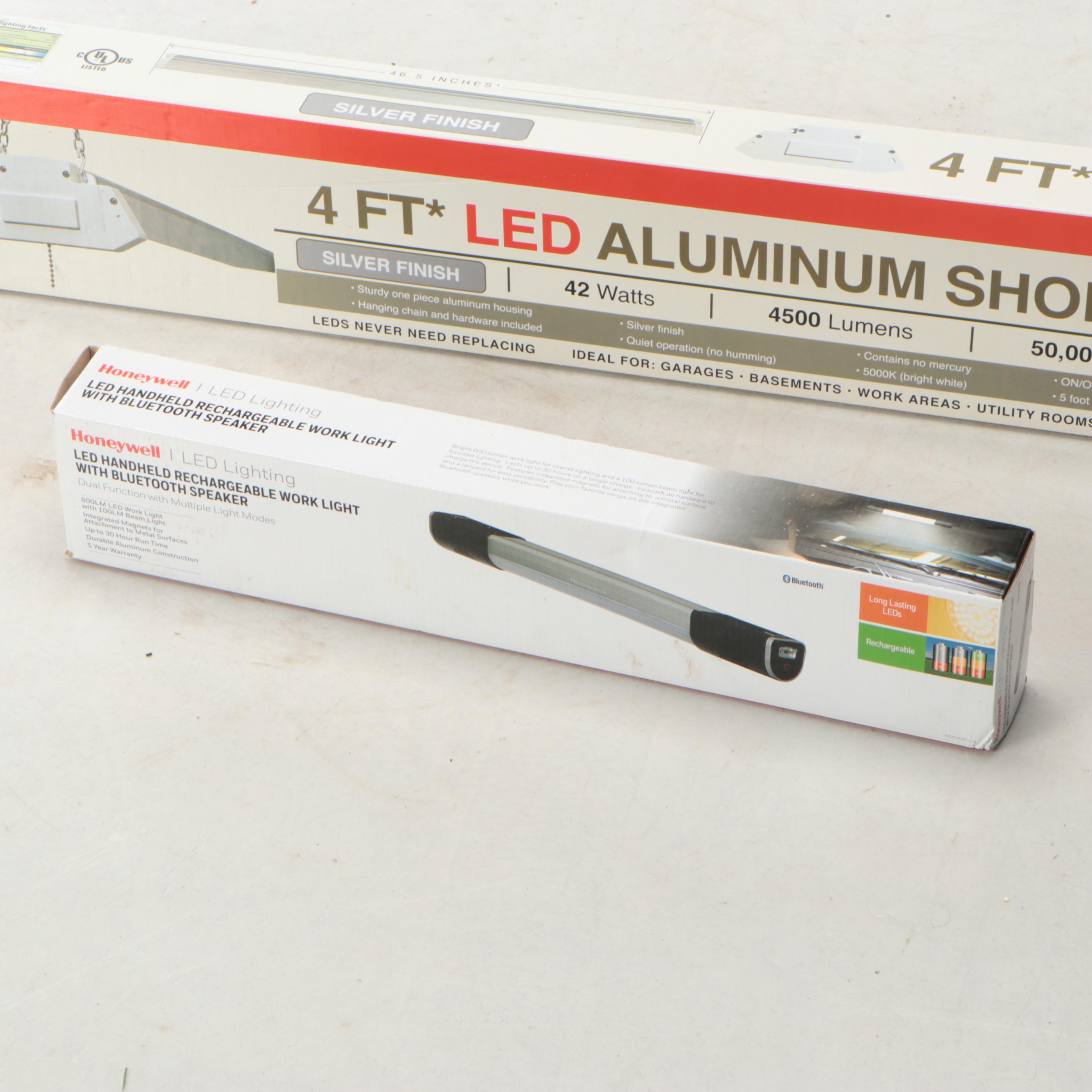 Honeywell Aluminum LED Shop Light and LED Handheld Work Light with Speaker