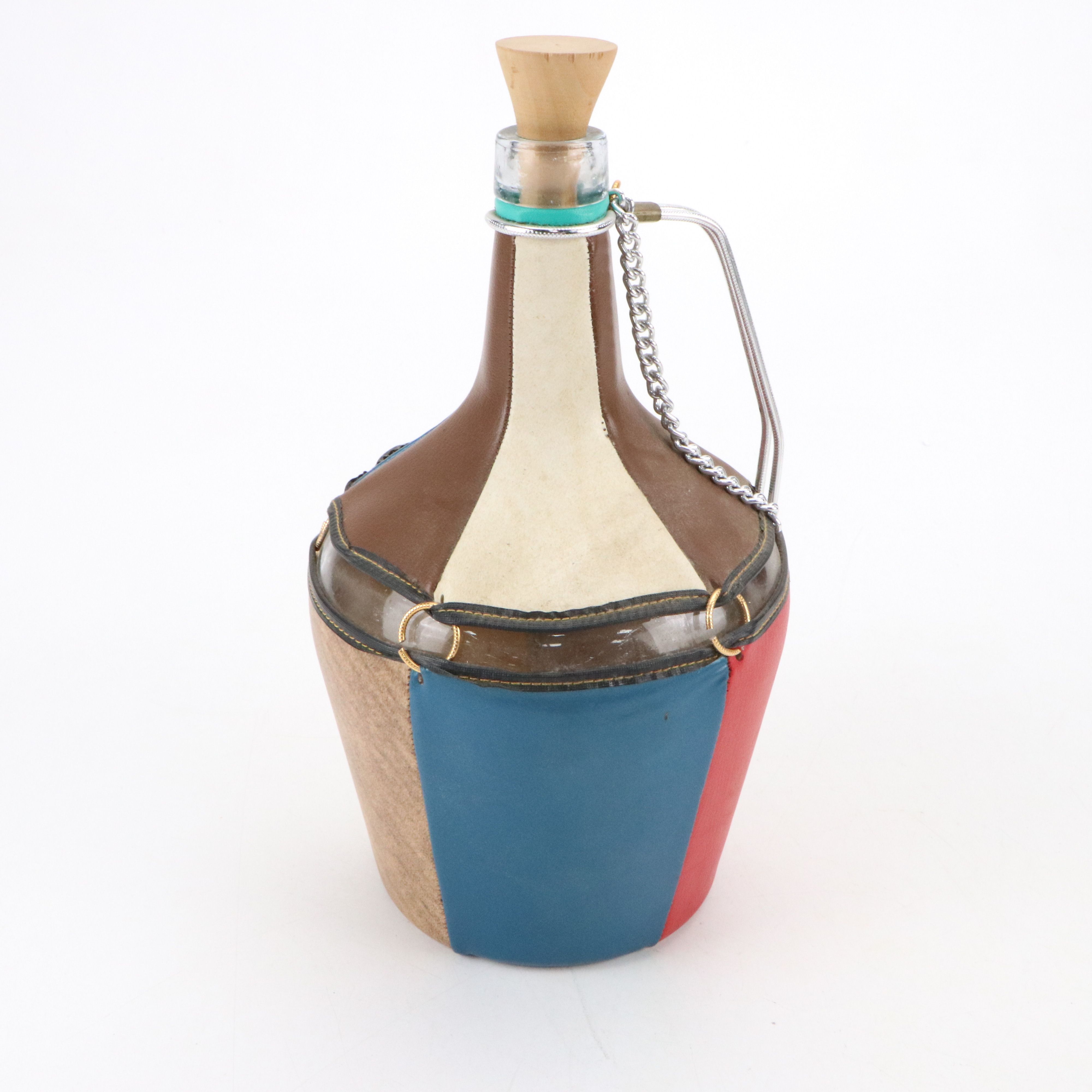 Spanish Multicolor Faux Leather Wrapped Glass Decorative Wine Bottle and Jug
