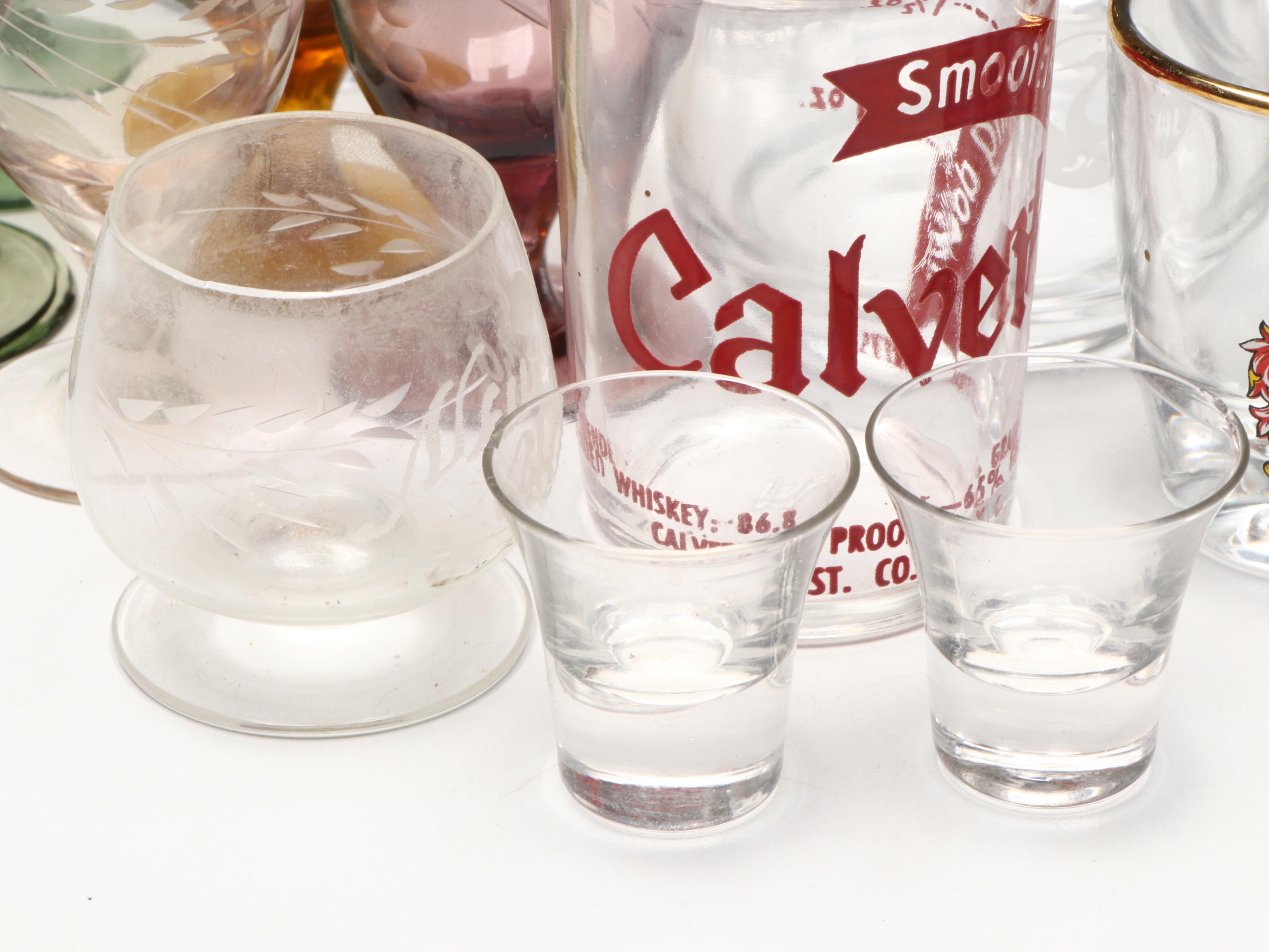 Flask with Leather Pouch and Souvenir and Other Shot Glasses