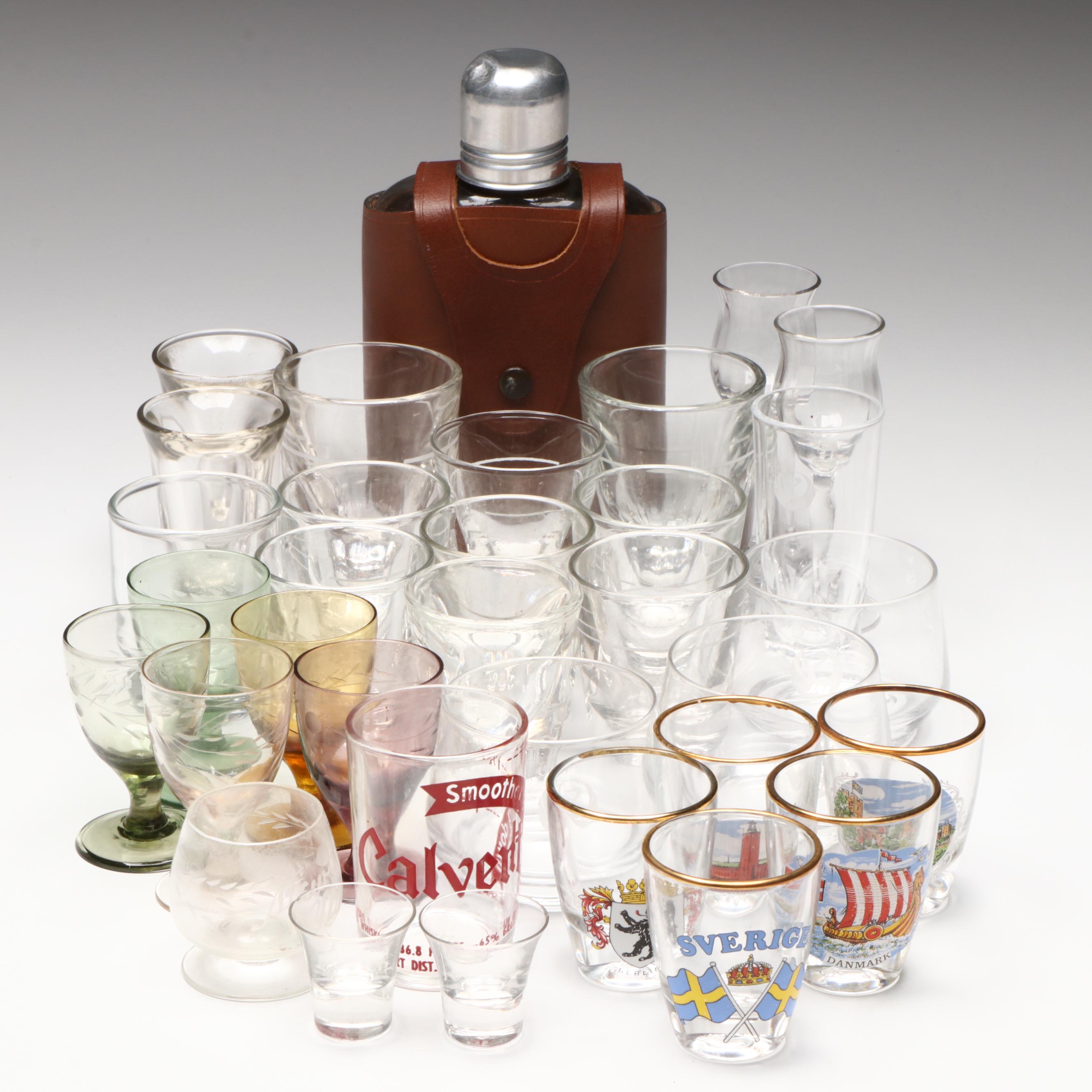 Flask with Leather Pouch and Souvenir and Other Shot Glasses