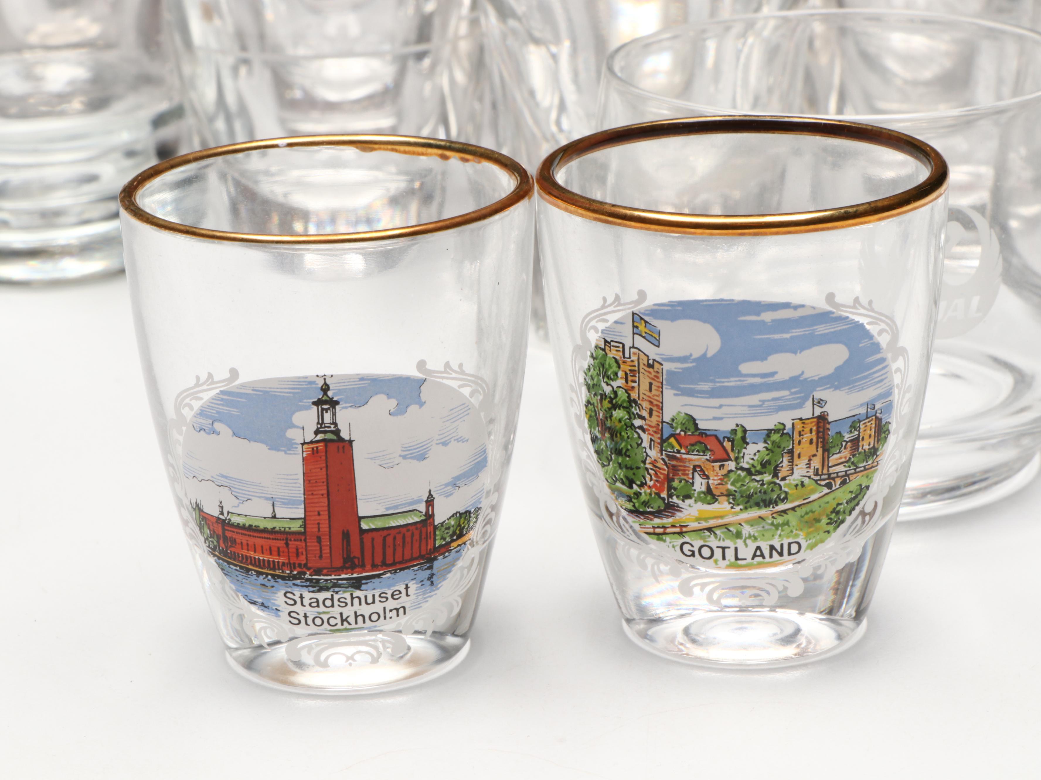 Flask with Leather Pouch and Souvenir and Other Shot Glasses