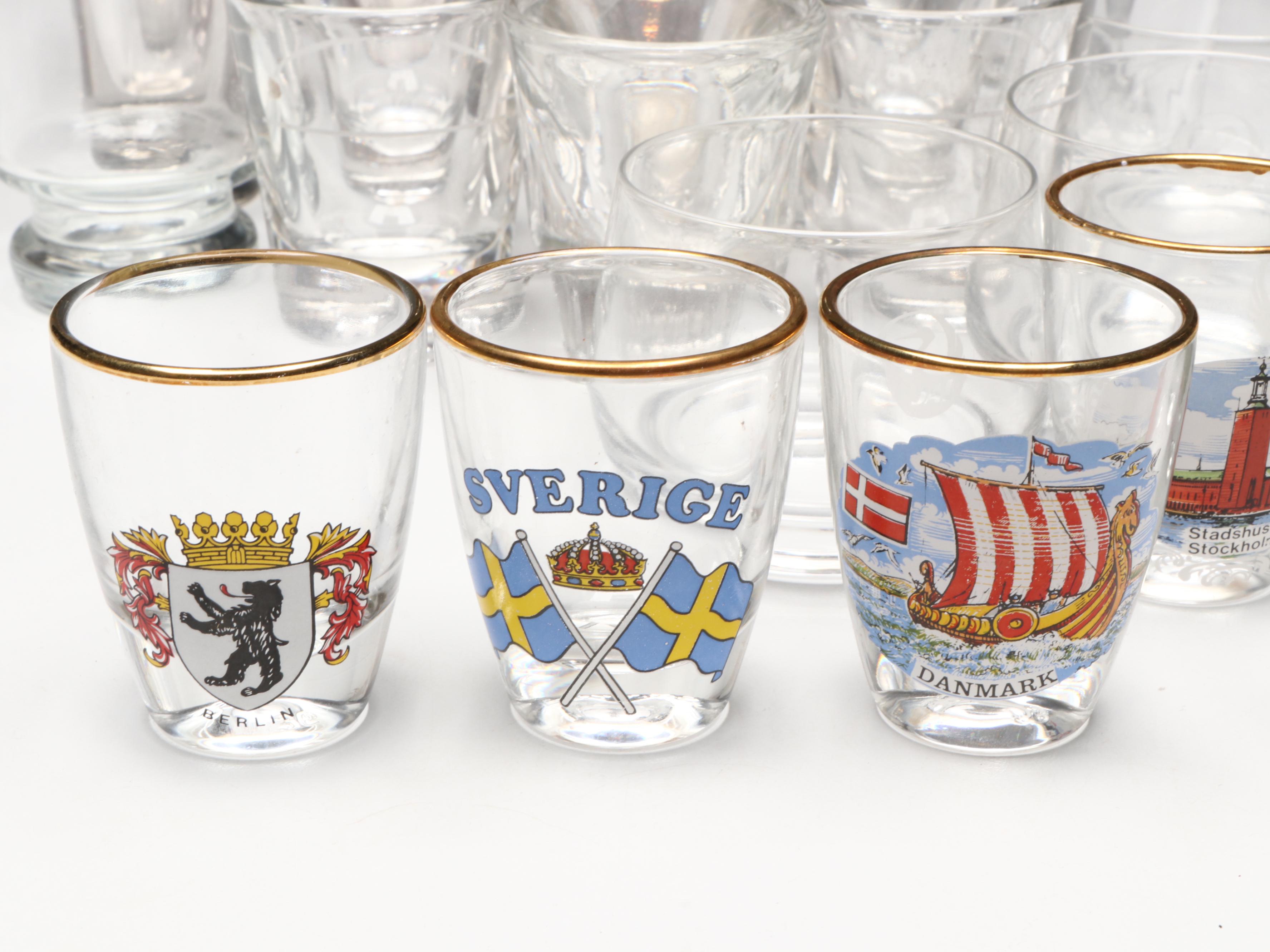 Flask with Leather Pouch and Souvenir and Other Shot Glasses