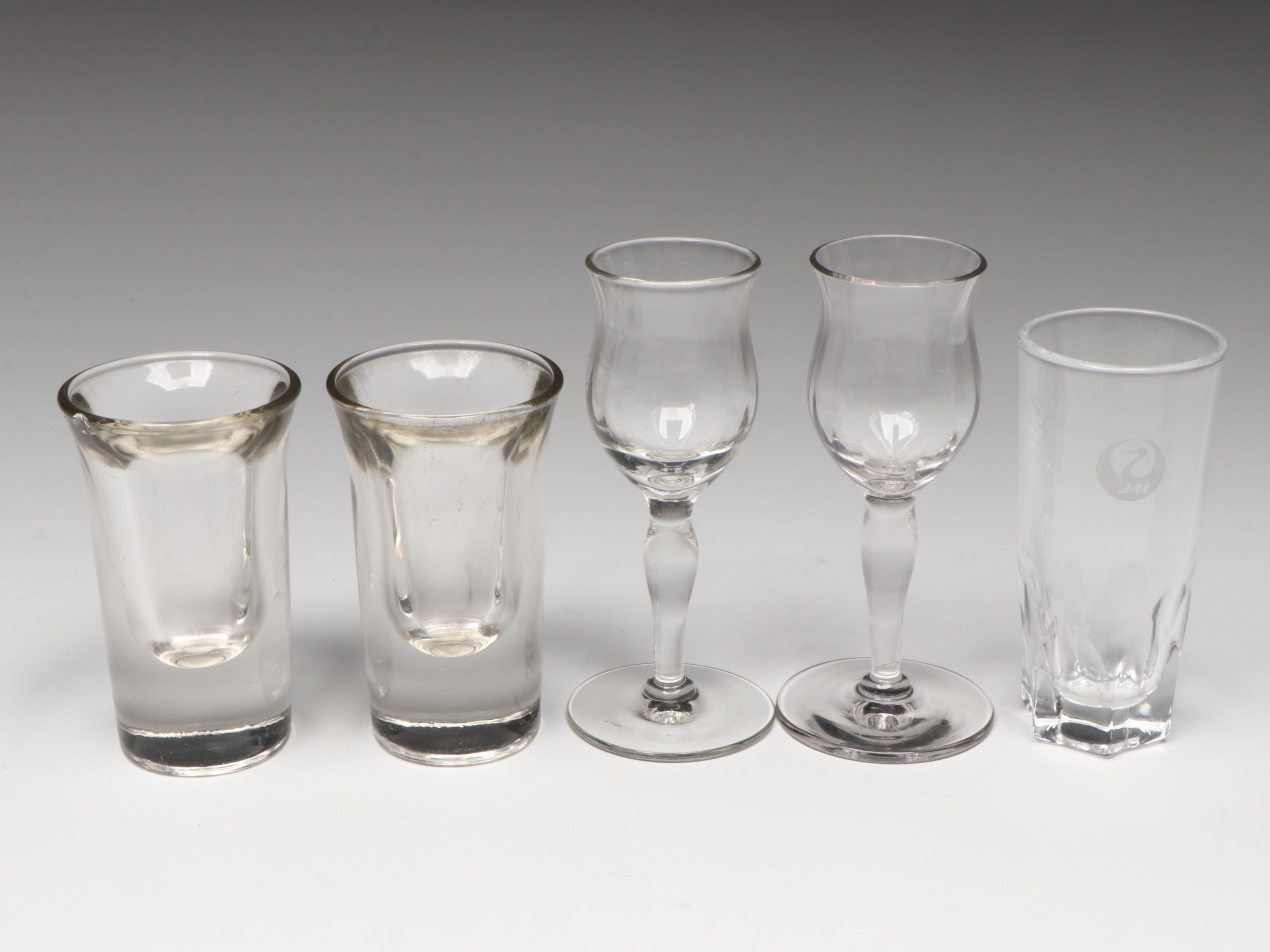 Flask with Leather Pouch and Souvenir and Other Shot Glasses