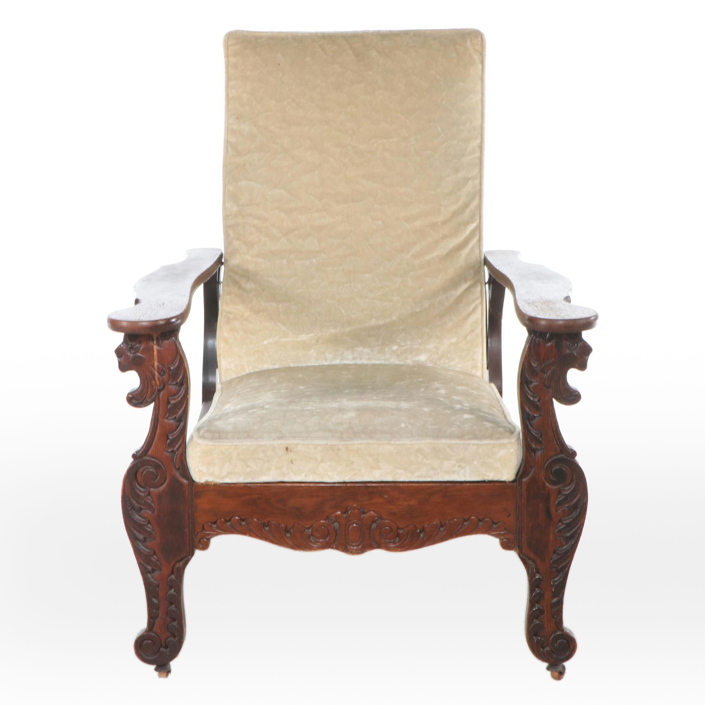 Victorian Press-Carved Oak Morris Chair, Late 19th/Early 20th Century