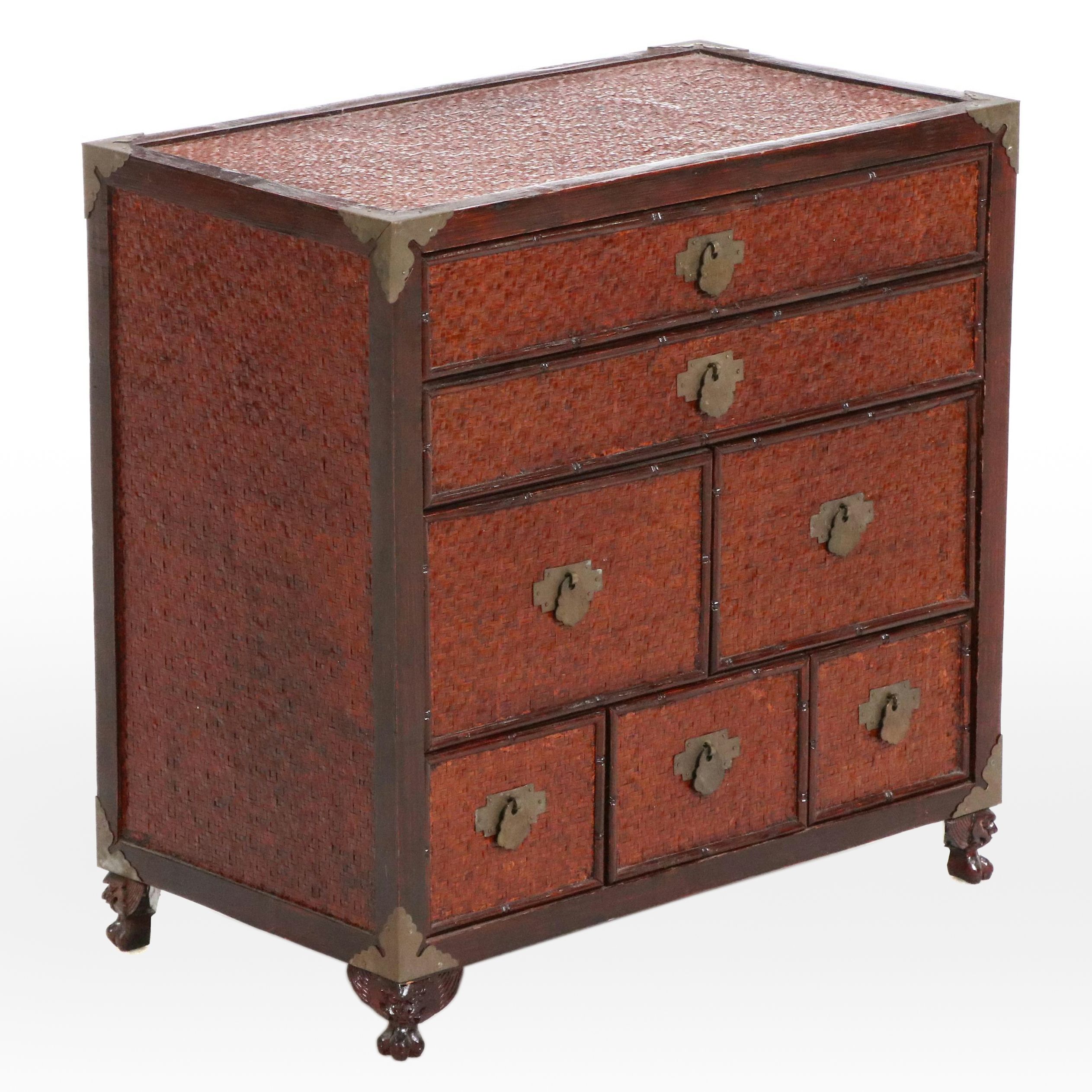 Chinese Brass Mounted Wood and Rattan Tabletop Chest, Late 20th Century