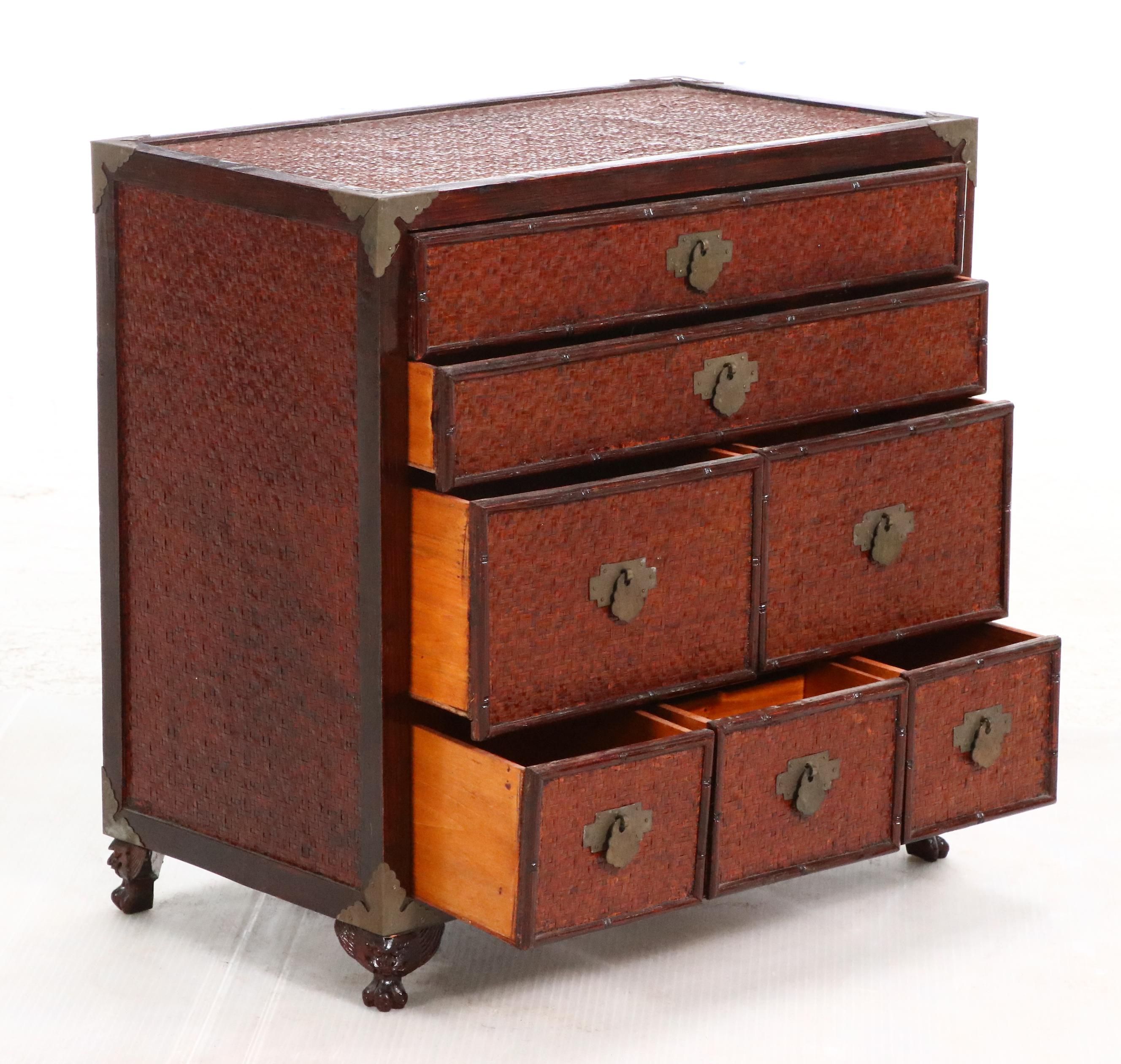 Chinese Brass Mounted Wood and Rattan Tabletop Chest, Late 20th Century