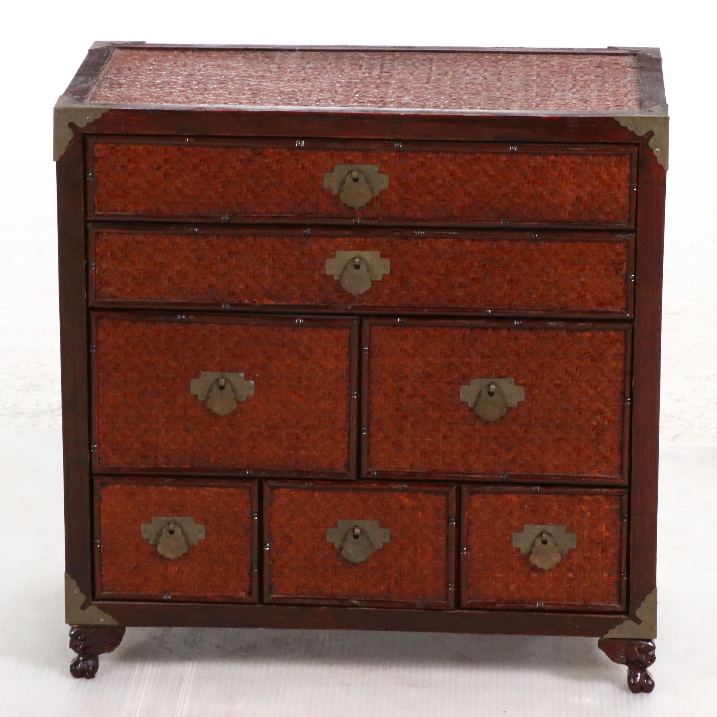 Chinese Brass Mounted Wood and Rattan Tabletop Chest, Late 20th Century
