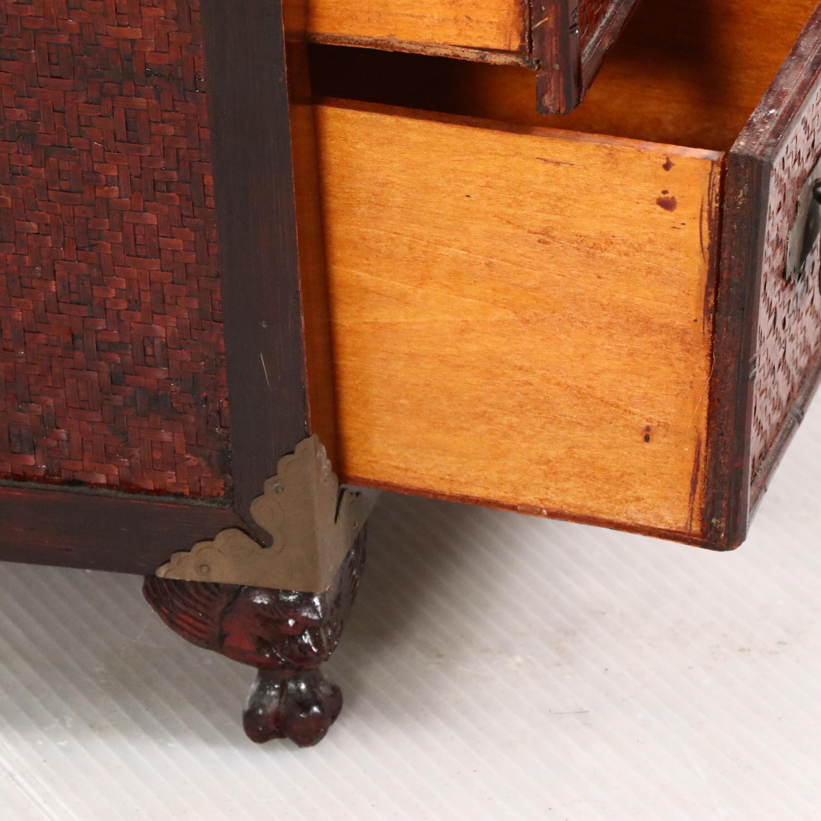 Chinese Brass Mounted Wood and Rattan Tabletop Chest, Late 20th Century