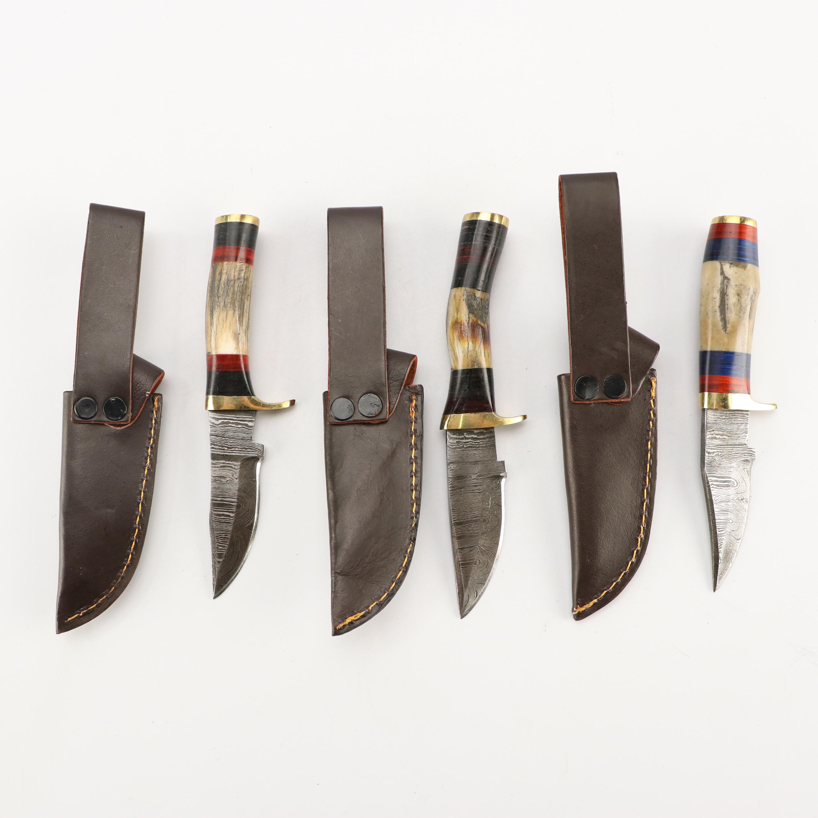 Damascus Steel and Antler Handled Skinner Knives with Hunting Knives and Cleaver