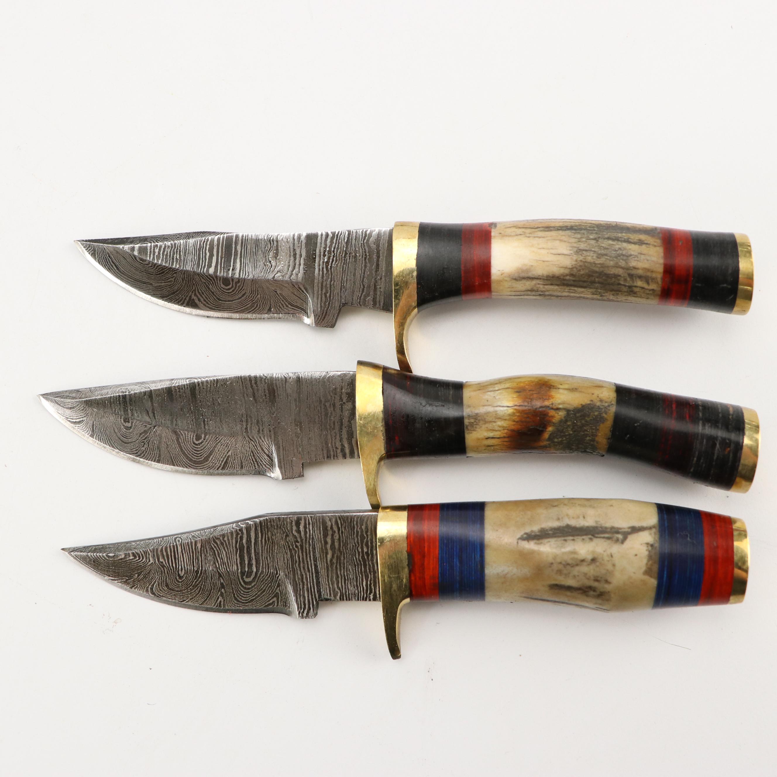 Damascus Steel and Antler Handled Skinner Knives with Hunting Knives and Cleaver