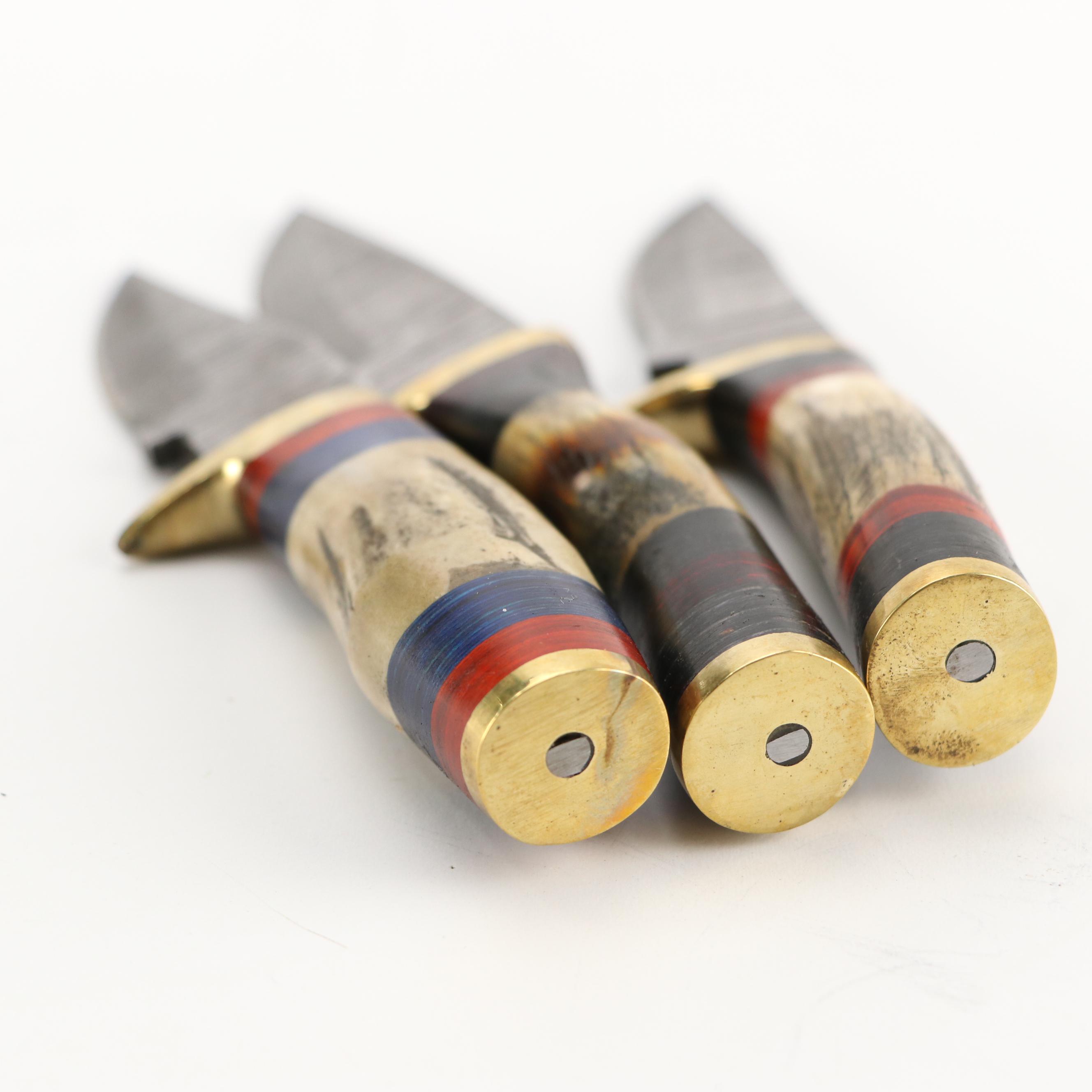 Damascus Steel and Antler Handled Skinner Knives with Hunting Knives and Cleaver