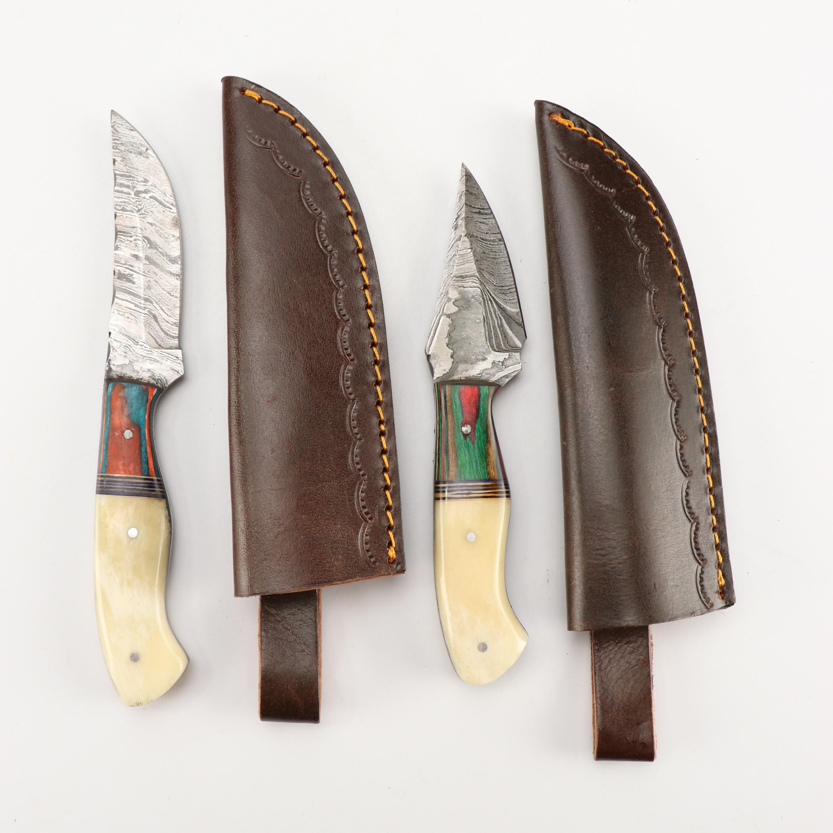 Damascus Steel and Antler Handled Skinner Knives with Hunting Knives and Cleaver