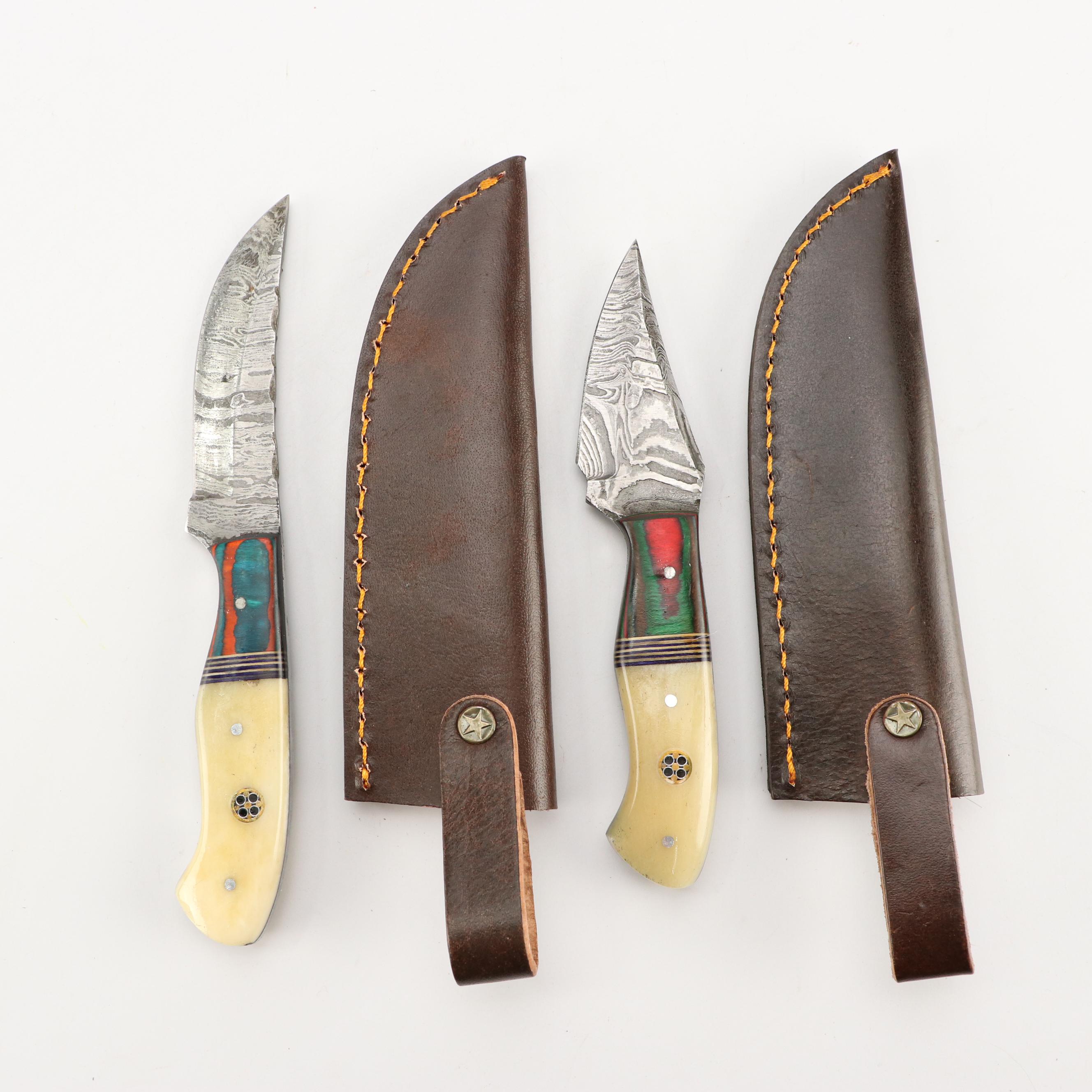 Damascus Steel and Antler Handled Skinner Knives with Hunting Knives and Cleaver