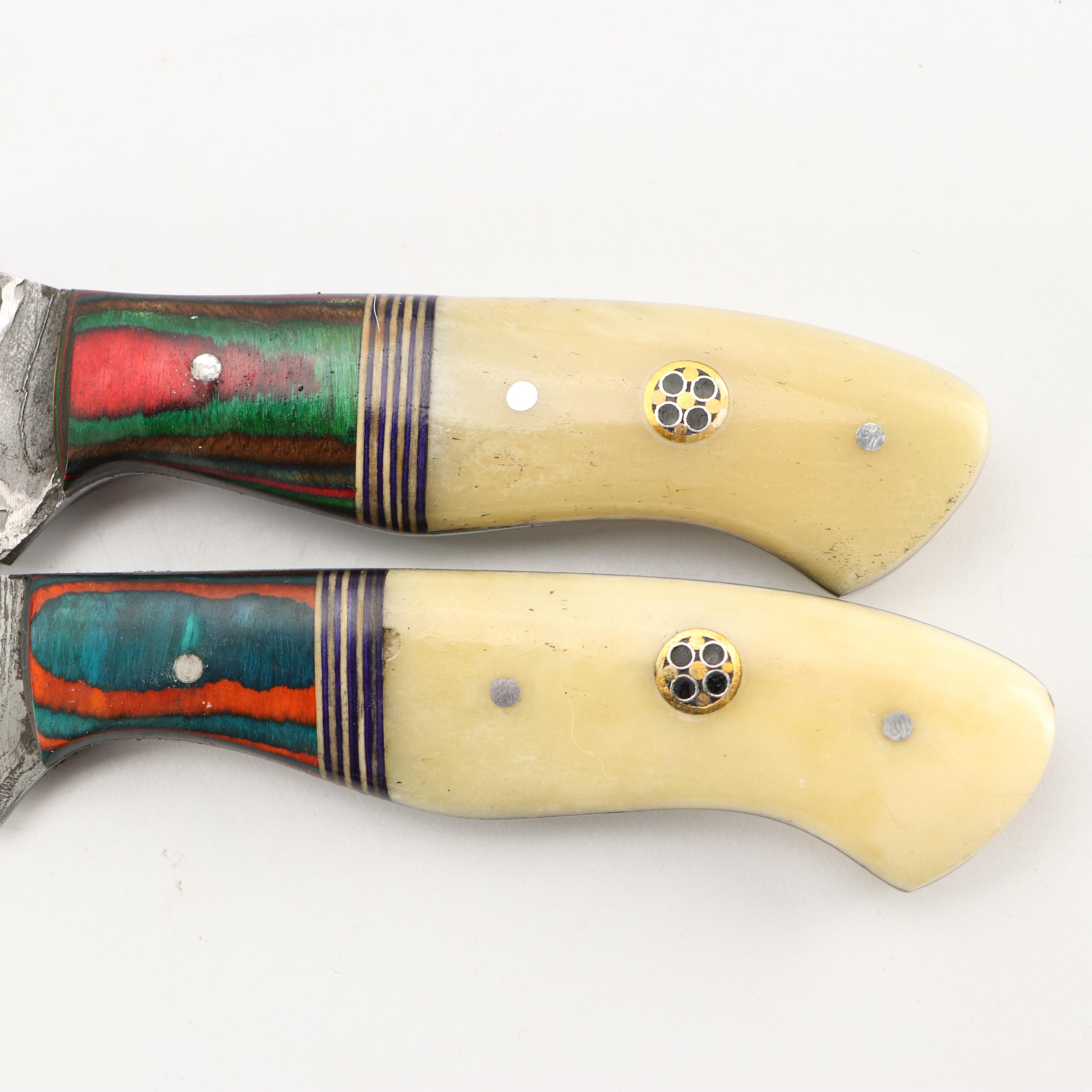 Damascus Steel and Antler Handled Skinner Knives with Hunting Knives and Cleaver