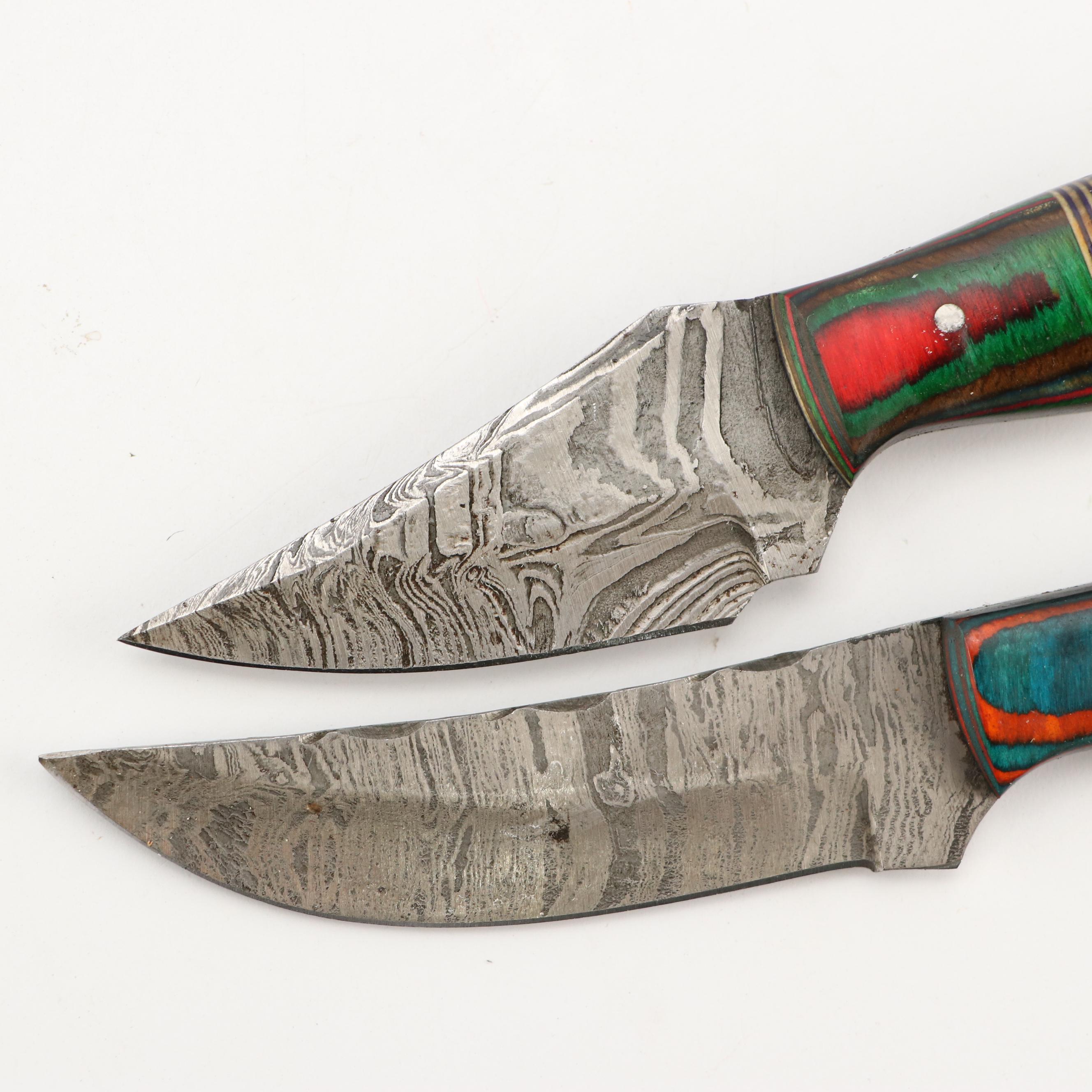 Damascus Steel and Antler Handled Skinner Knives with Hunting Knives and Cleaver