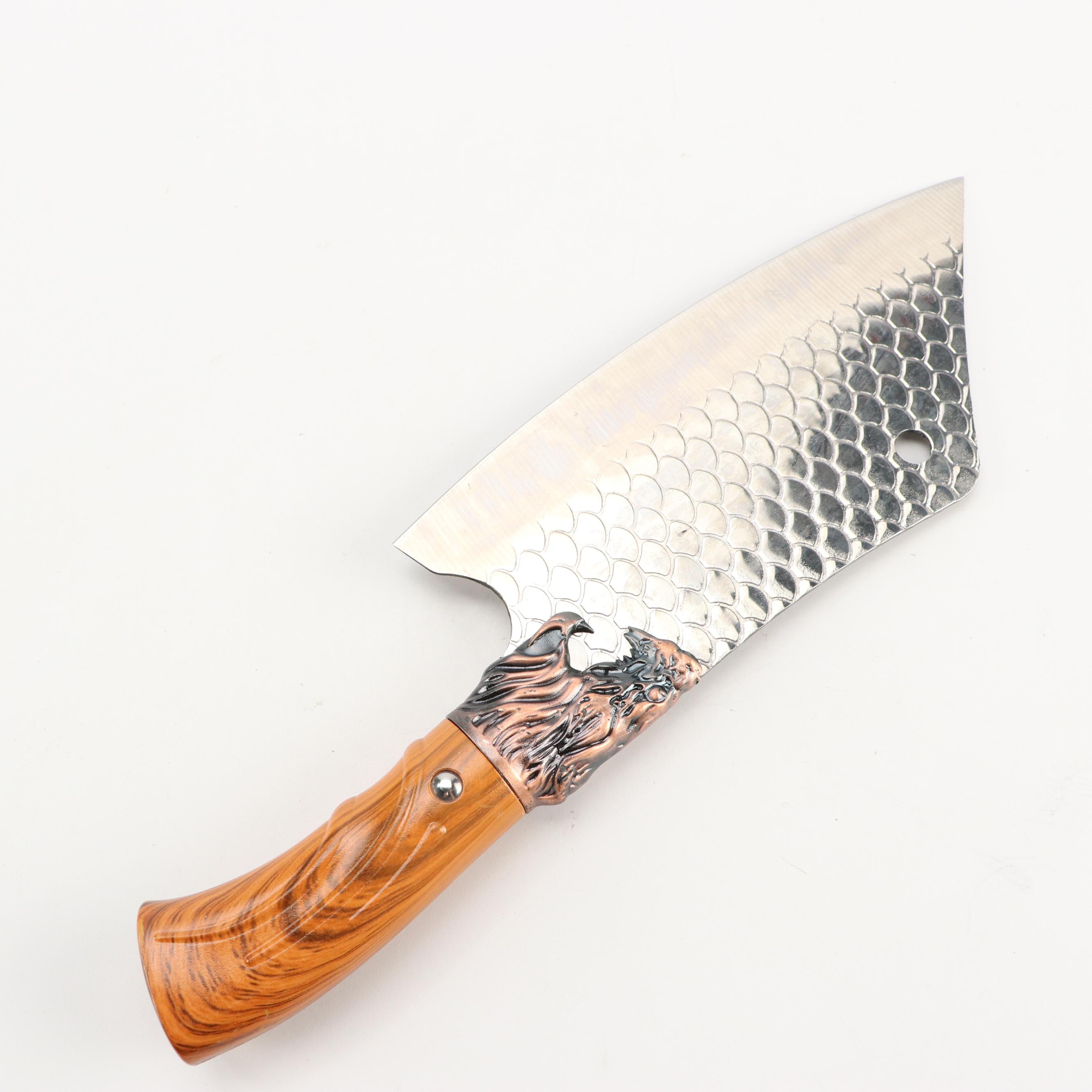 Damascus Steel and Antler Handled Skinner Knives with Hunting Knives and Cleaver