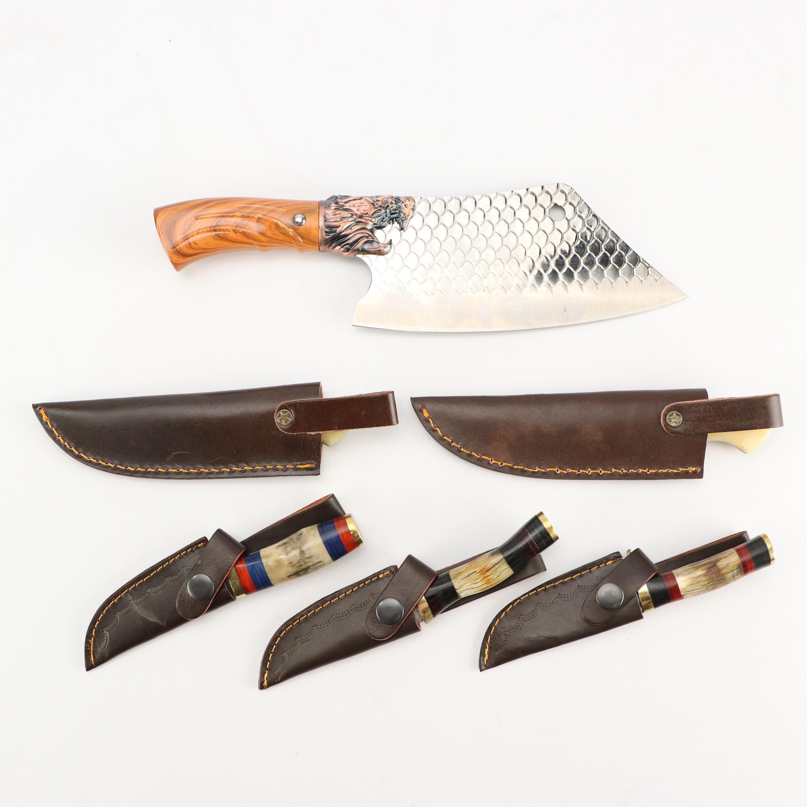 Damascus Steel and Antler Handled Skinner Knives with Hunting Knives and Cleaver