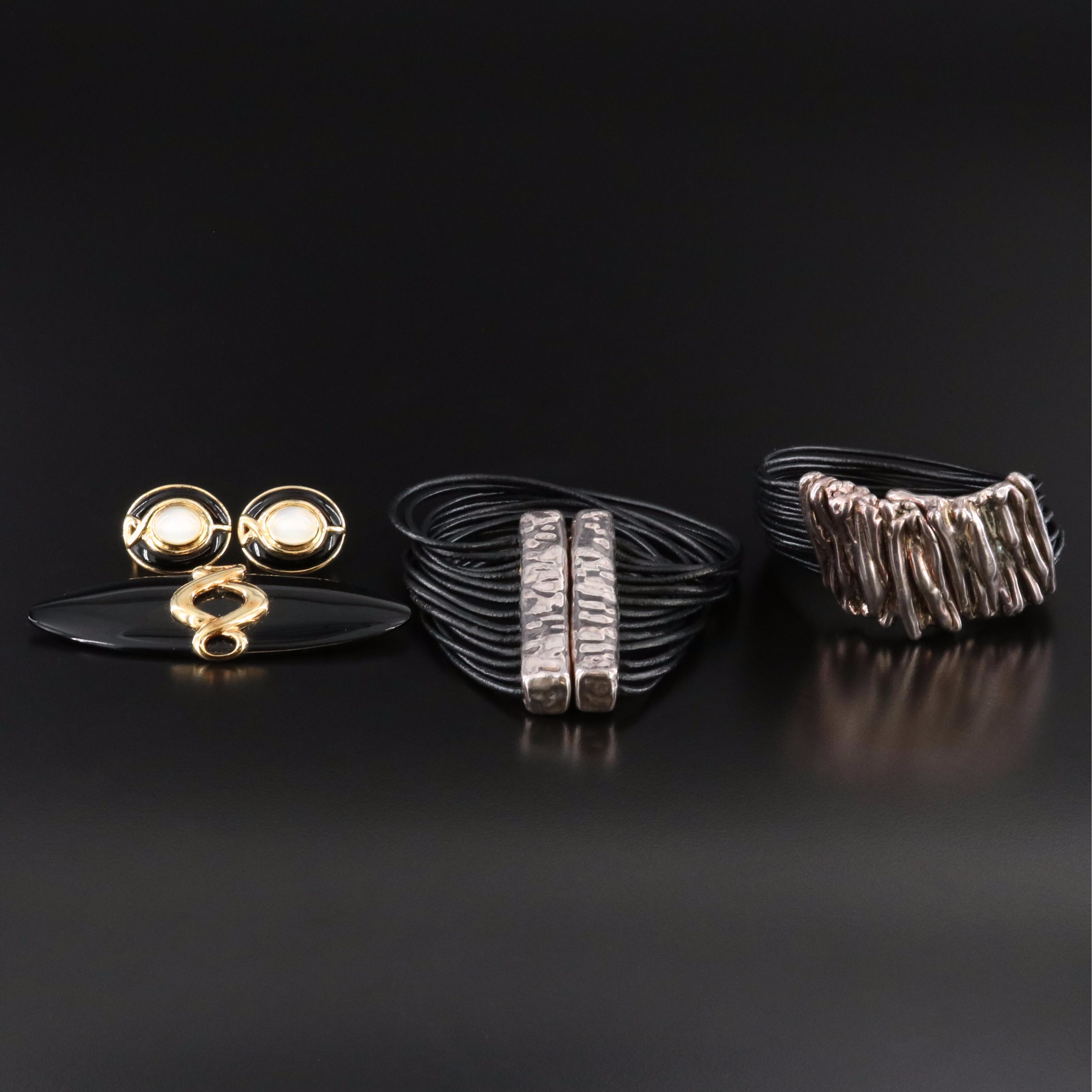 Kai-Yin Lo Sterling Brooch and Earrings with Jet Glass, Chalcedony and Bracelets