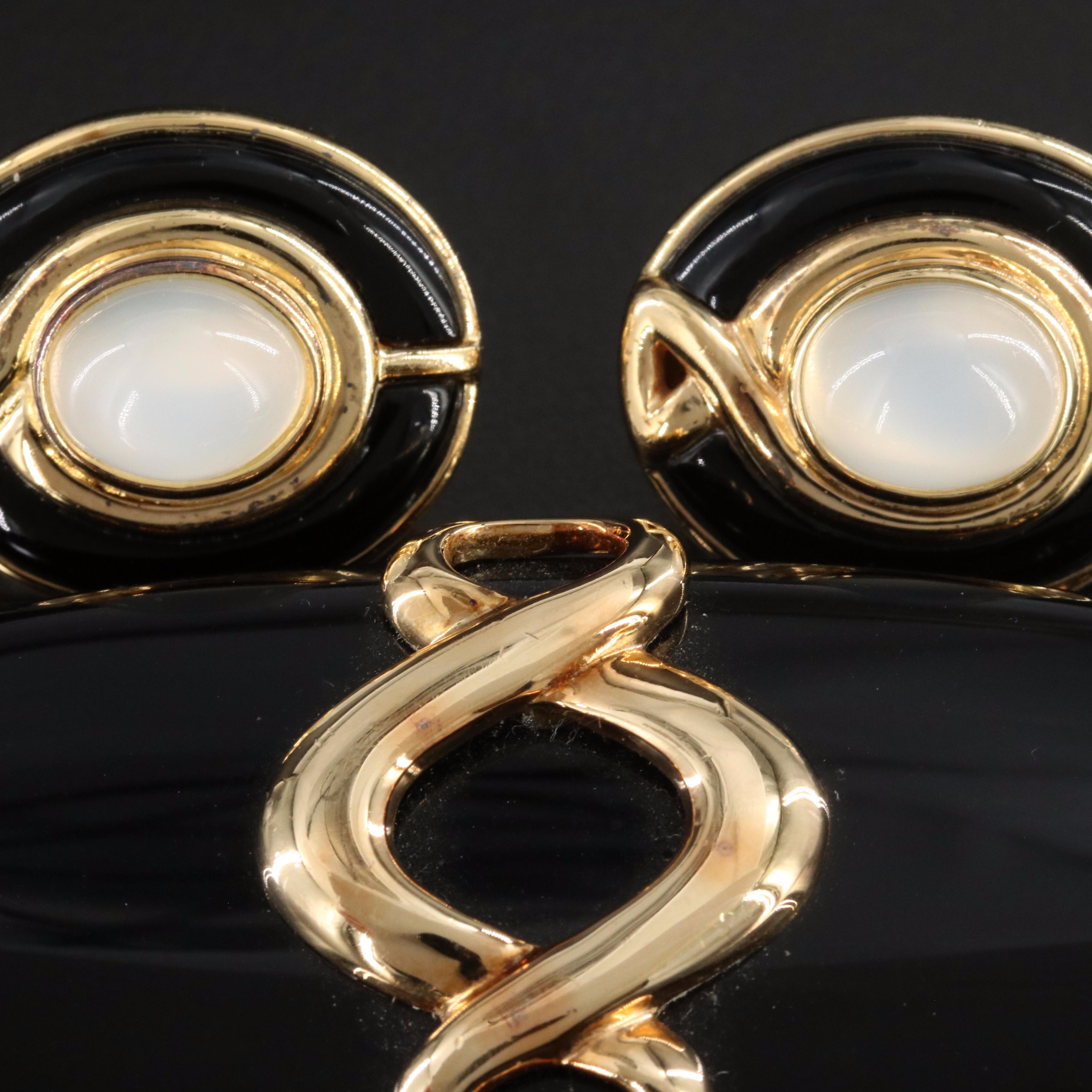 Kai-Yin Lo Sterling Brooch and Earrings with Jet Glass, Chalcedony and Bracelets