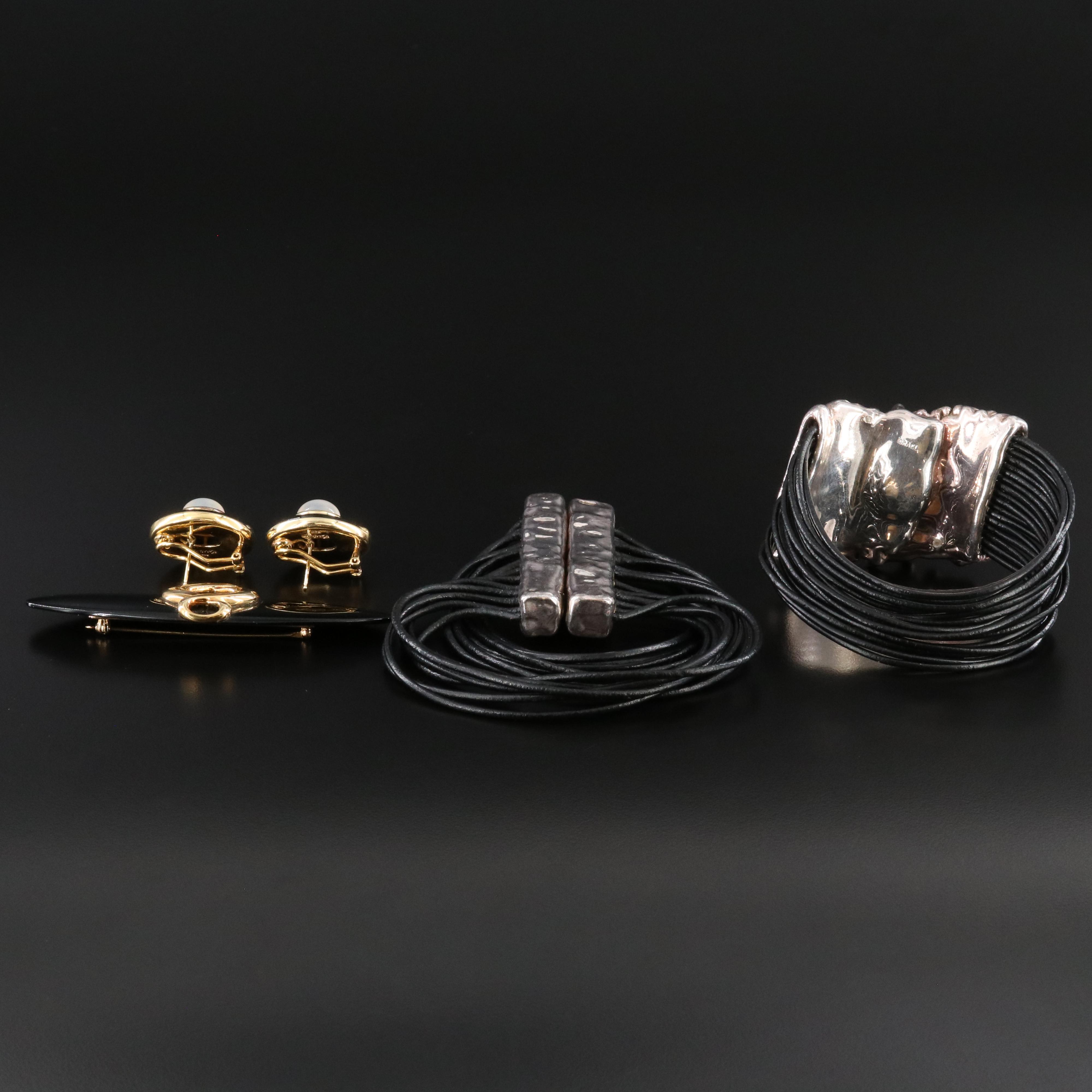 Kai-Yin Lo Sterling Brooch and Earrings with Jet Glass, Chalcedony and Bracelets