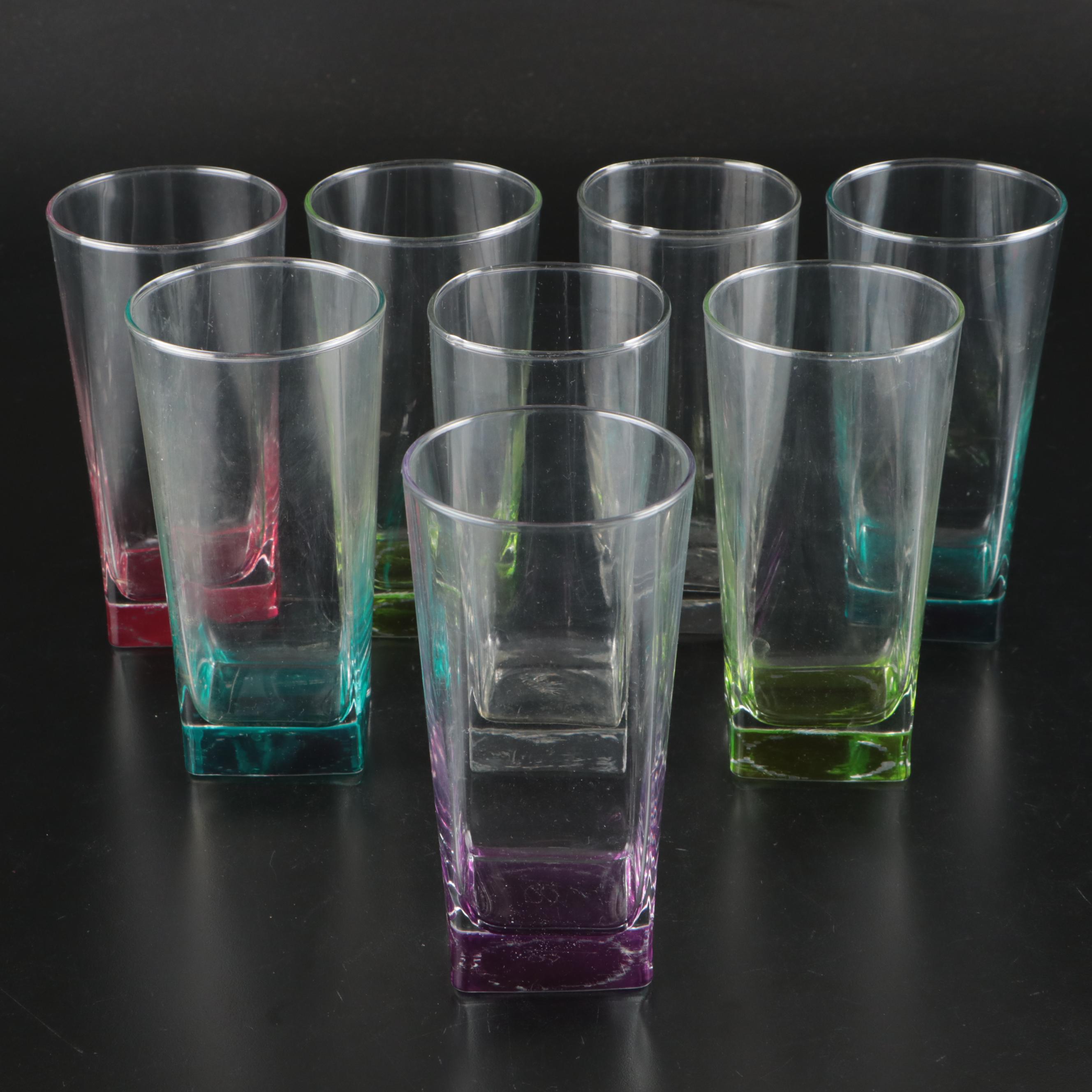 Glass Tumblers with Pink, Green, Purple and Blue Square Base