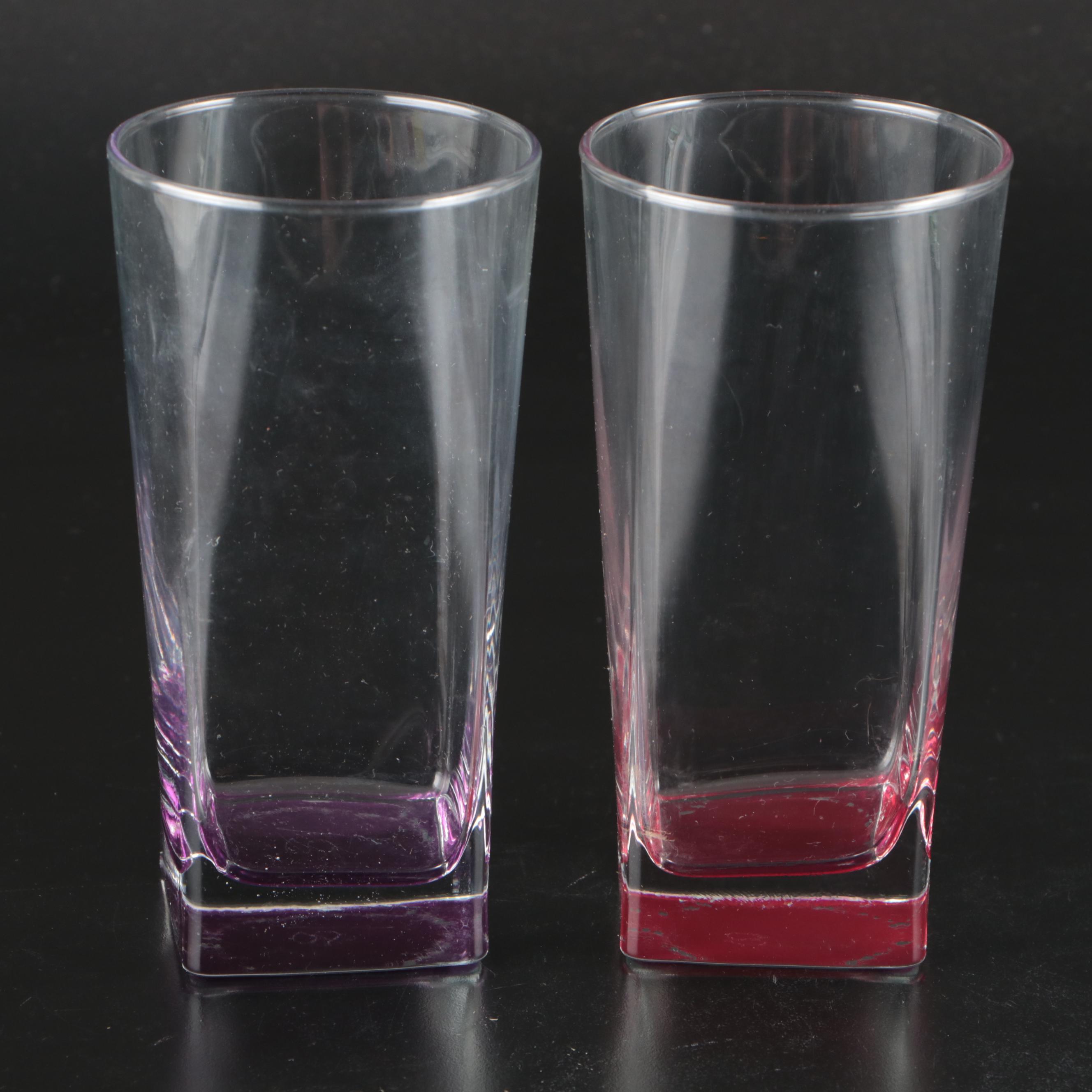 Glass Tumblers with Pink, Green, Purple and Blue Square Base