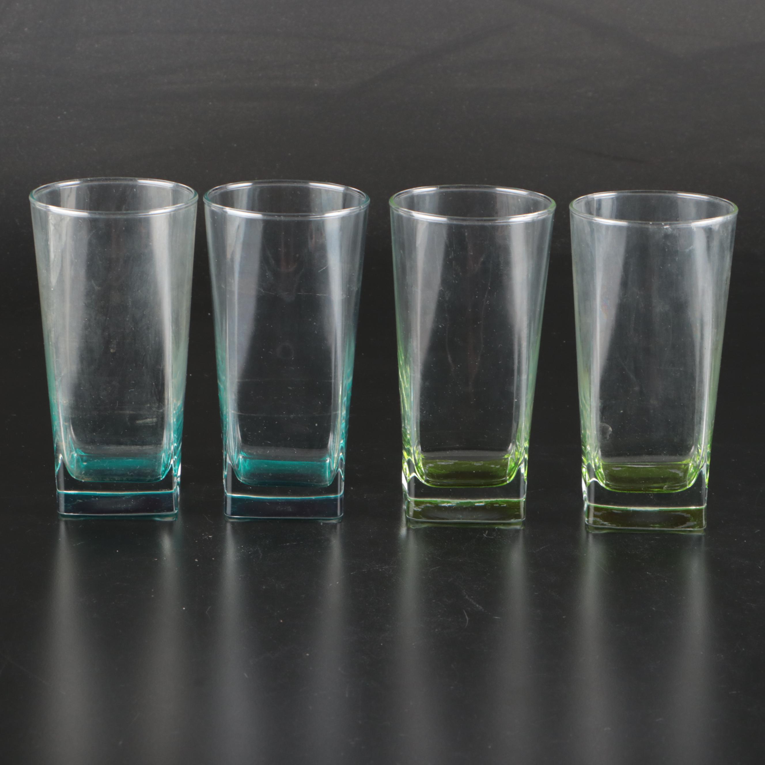 Glass Tumblers with Pink, Green, Purple and Blue Square Base
