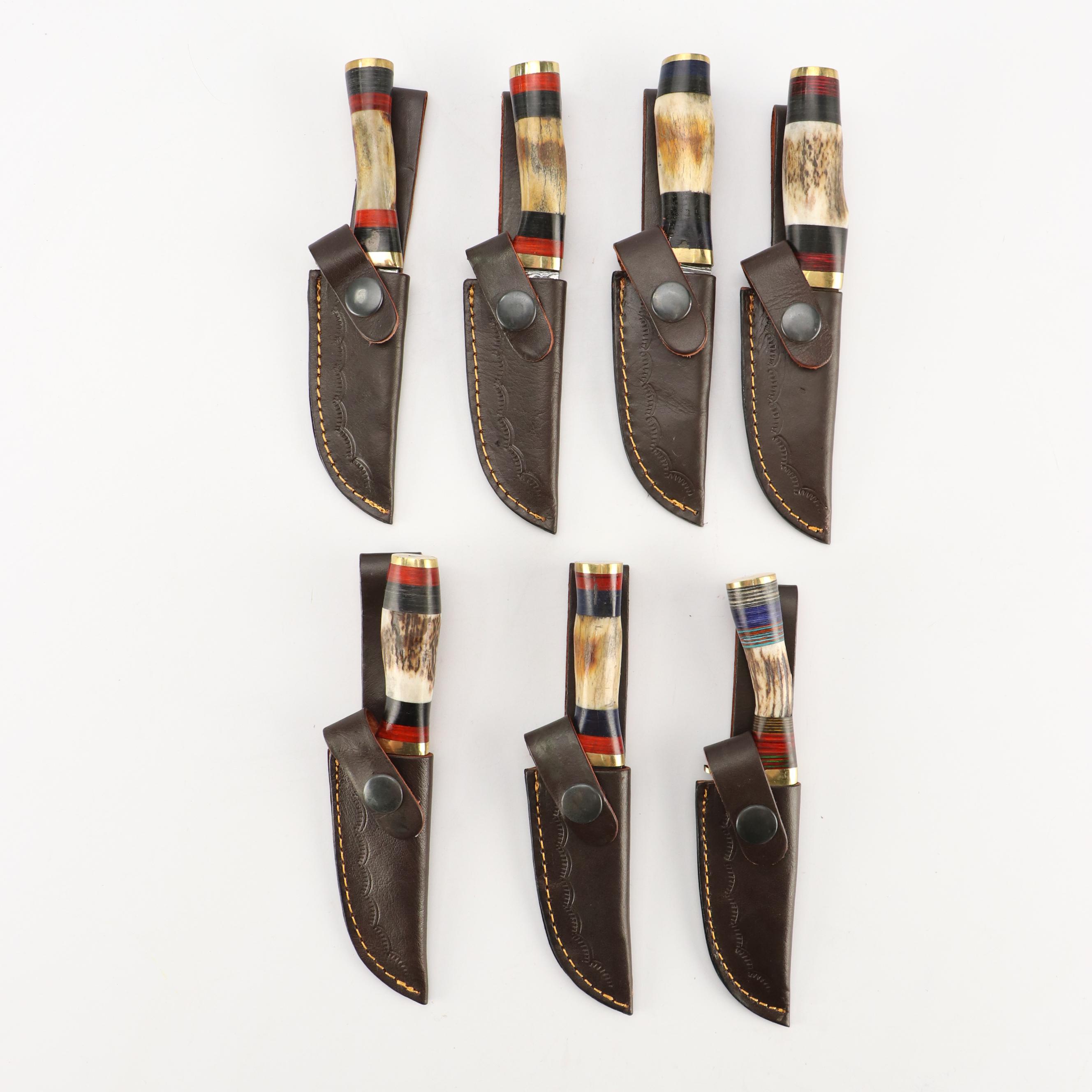 Damascus Steel and Antler Handled Skinner Knives in Leather Scabbards