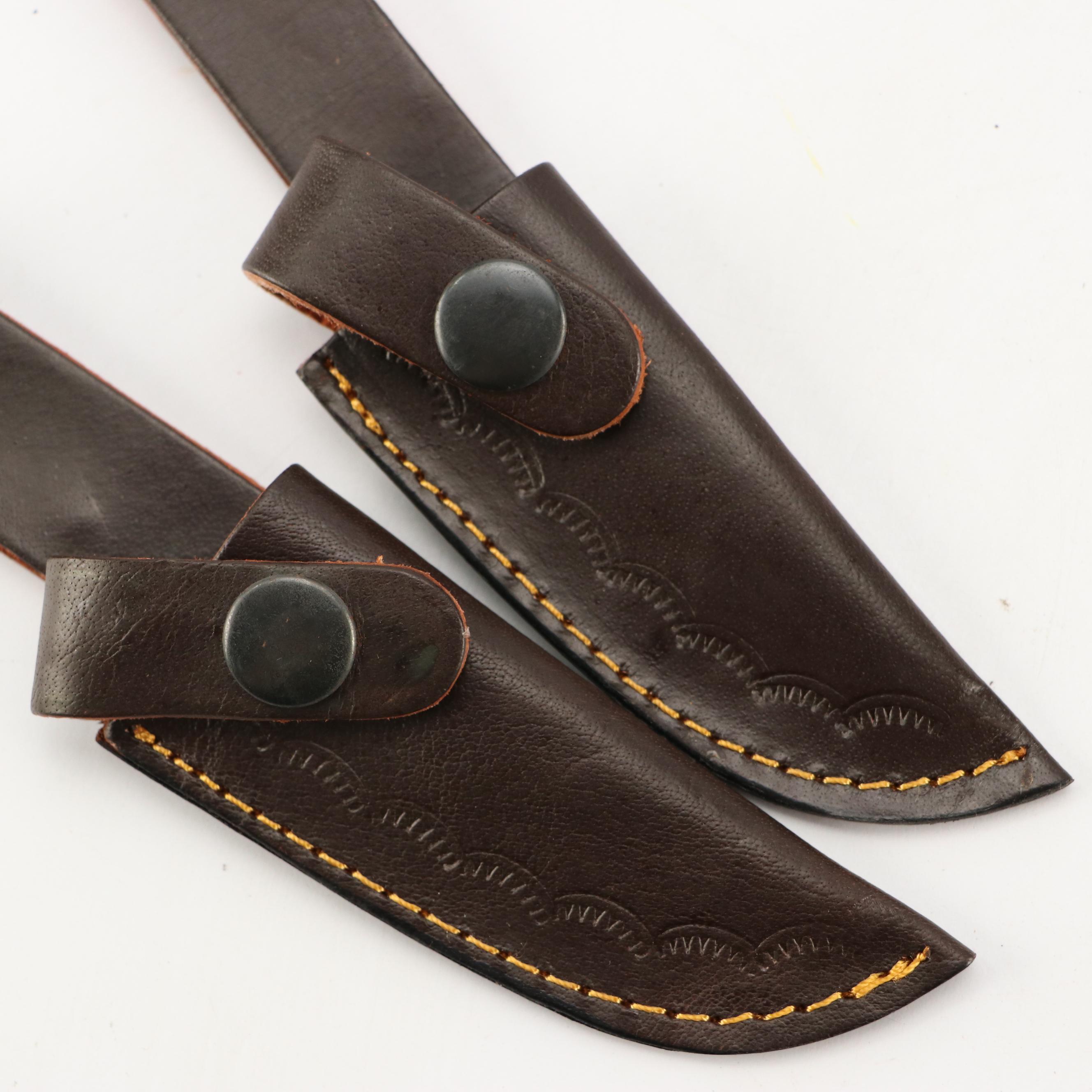 Damascus Steel and Antler Handled Skinner Knives in Leather Scabbards