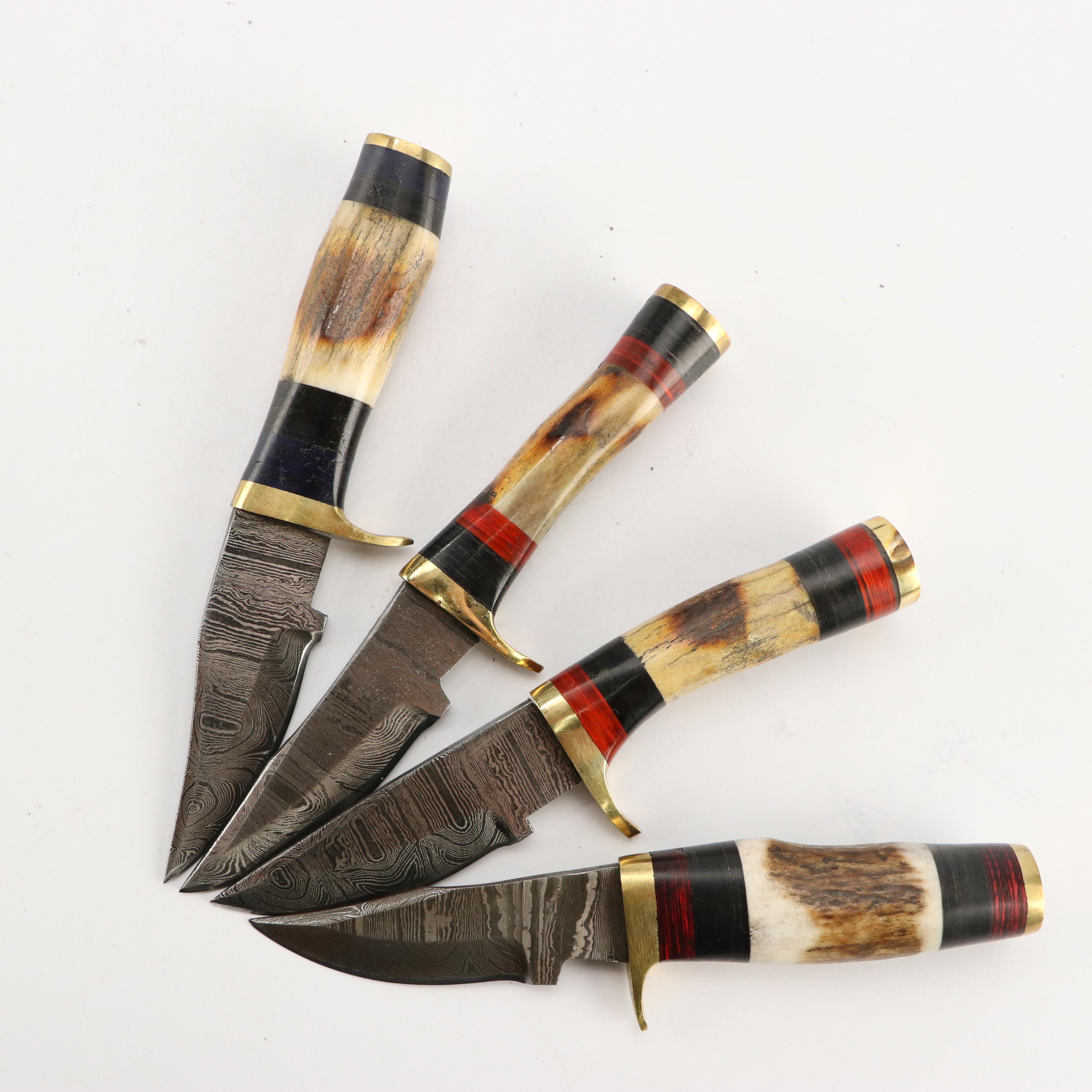 Damascus Steel and Antler Handled Skinner Knives in Leather Scabbards