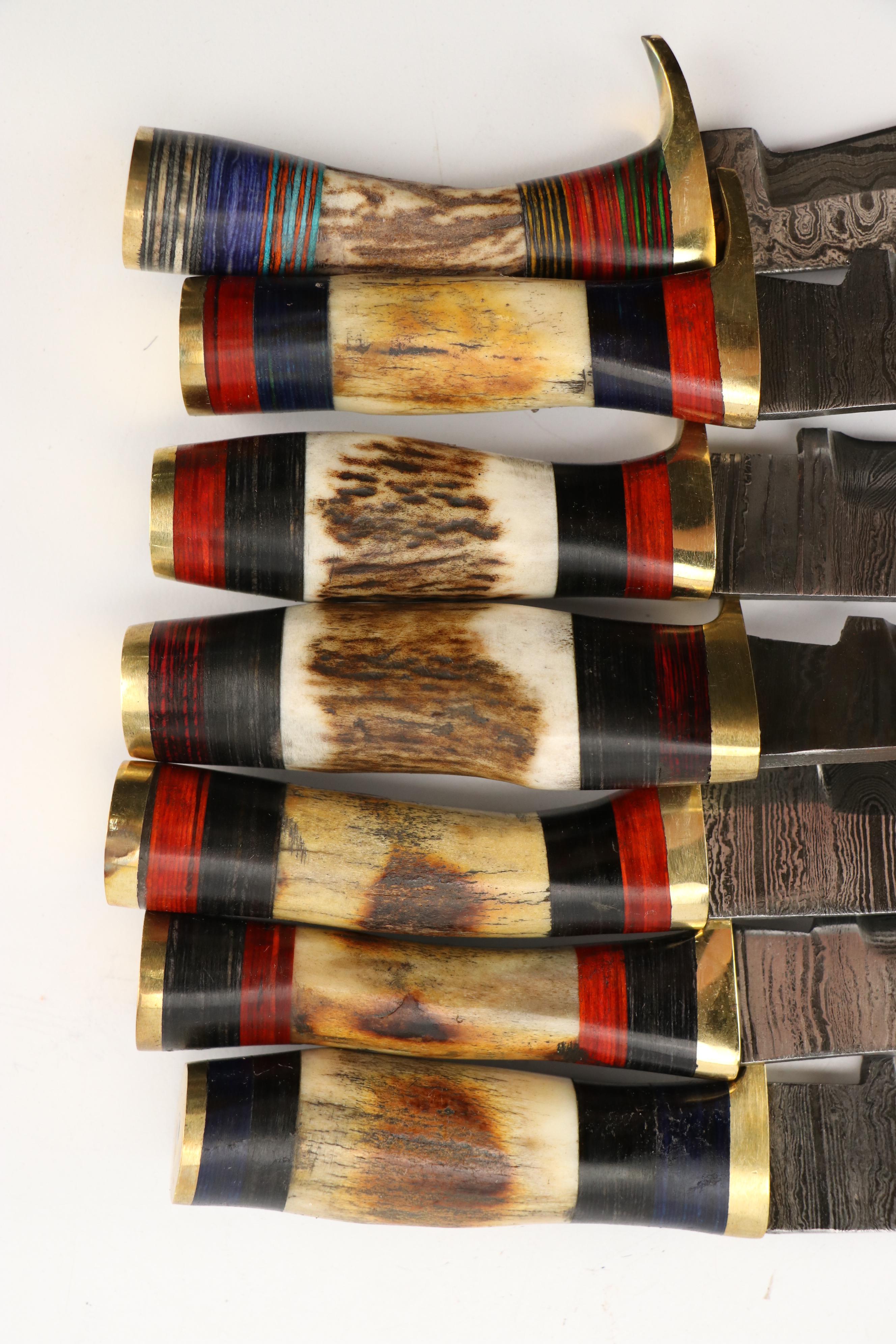 Damascus Steel and Antler Handled Skinner Knives in Leather Scabbards