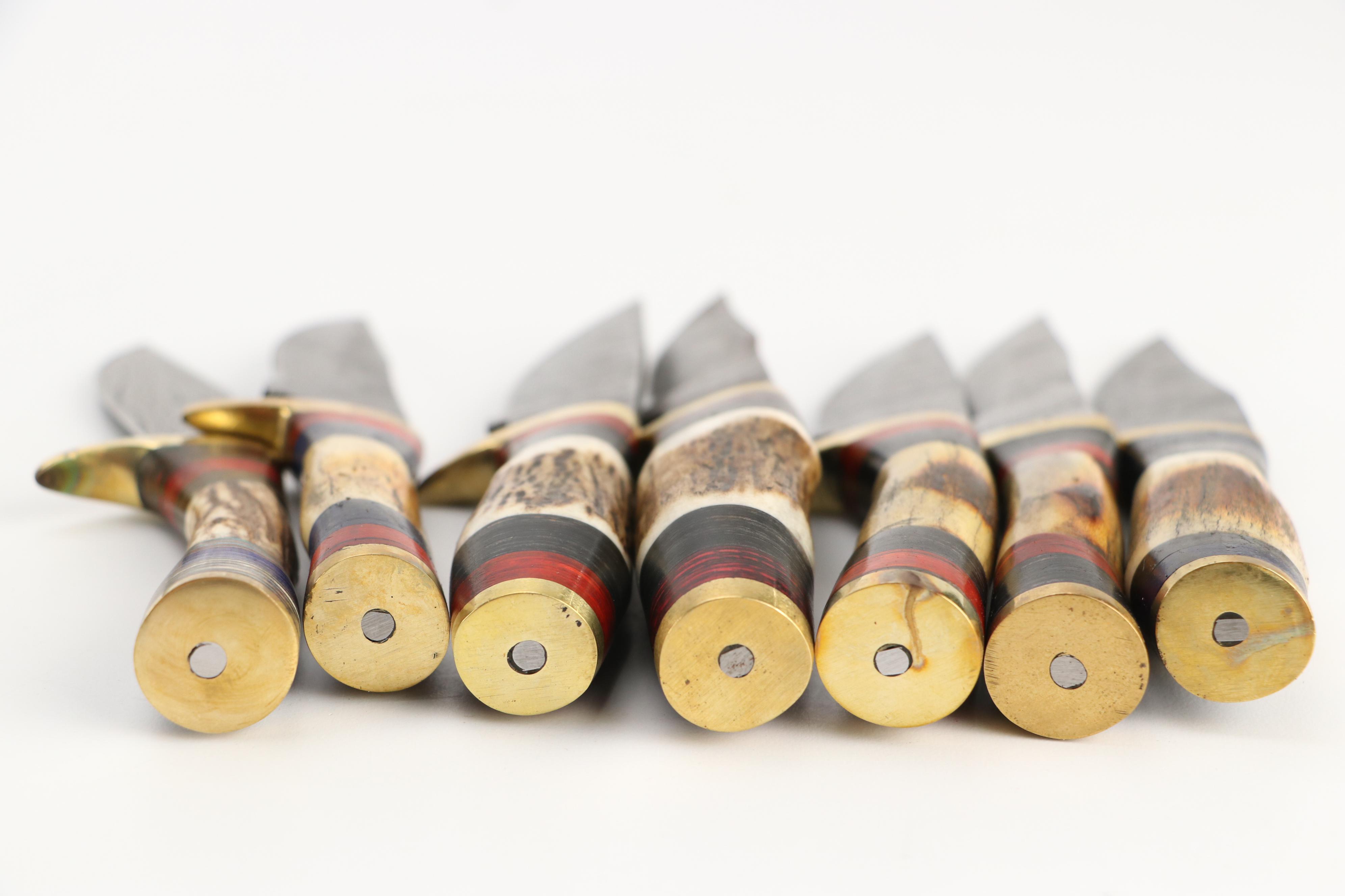 Damascus Steel and Antler Handled Skinner Knives in Leather Scabbards