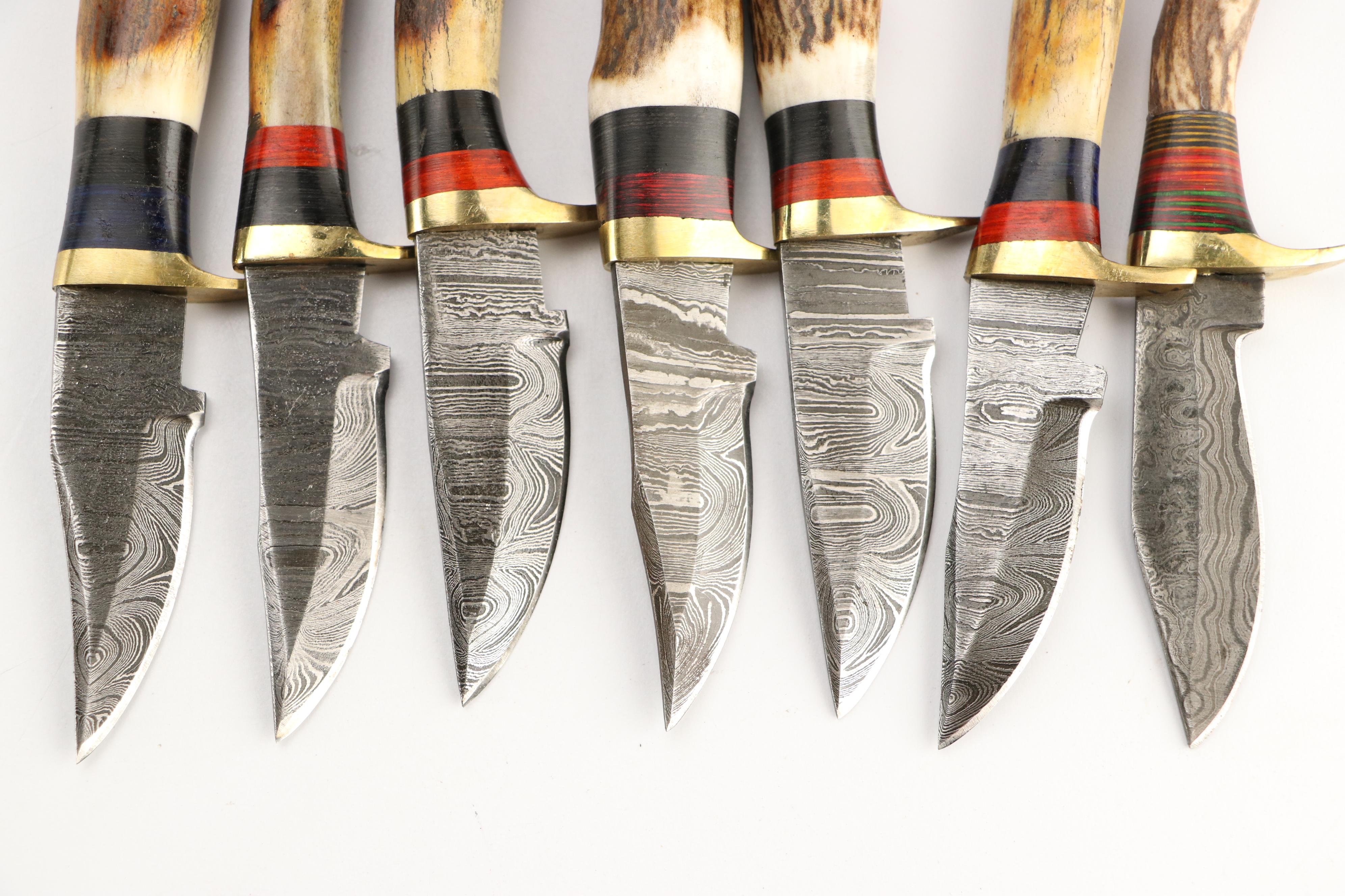 Damascus Steel and Antler Handled Skinner Knives in Leather Scabbards