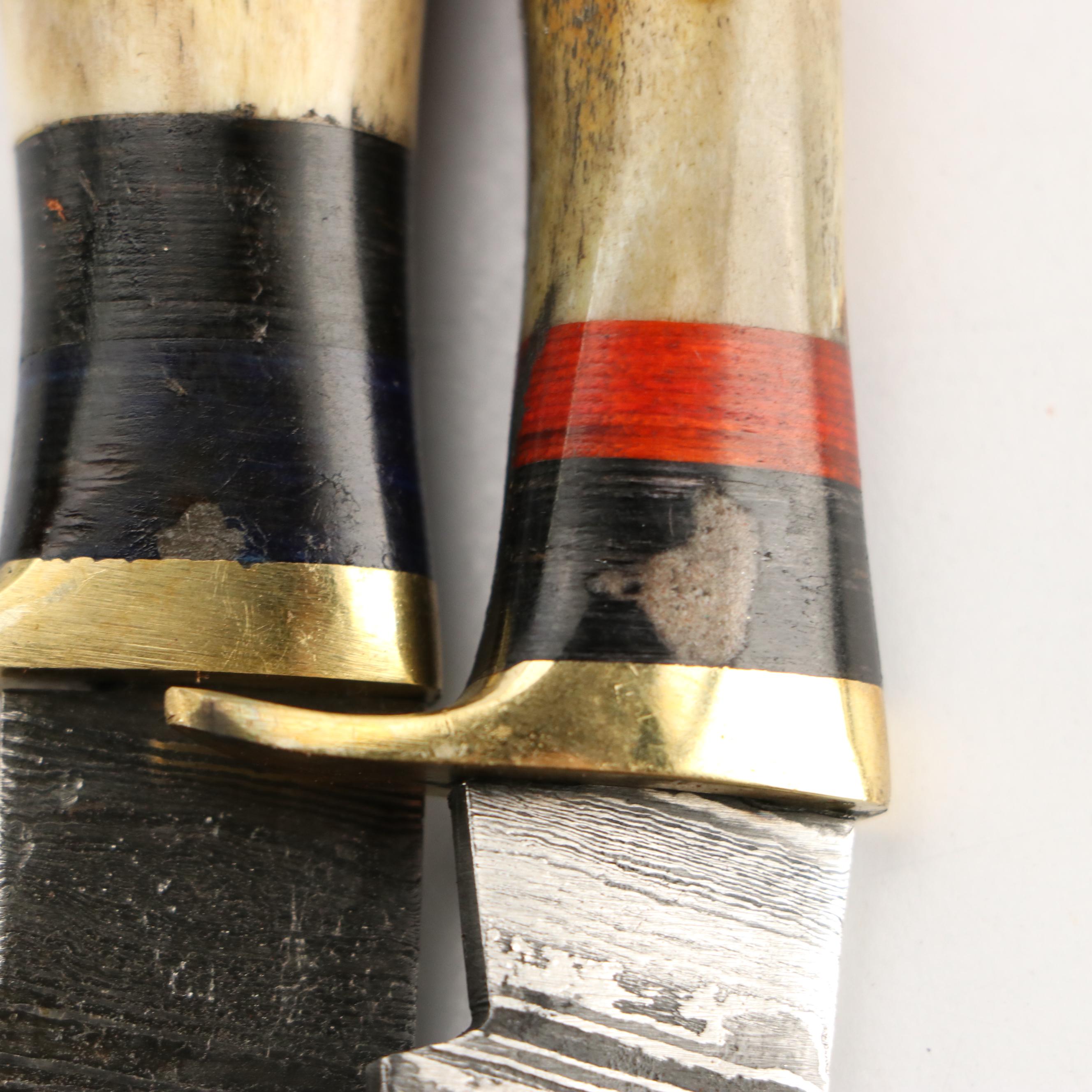 Damascus Steel and Antler Handled Skinner Knives in Leather Scabbards