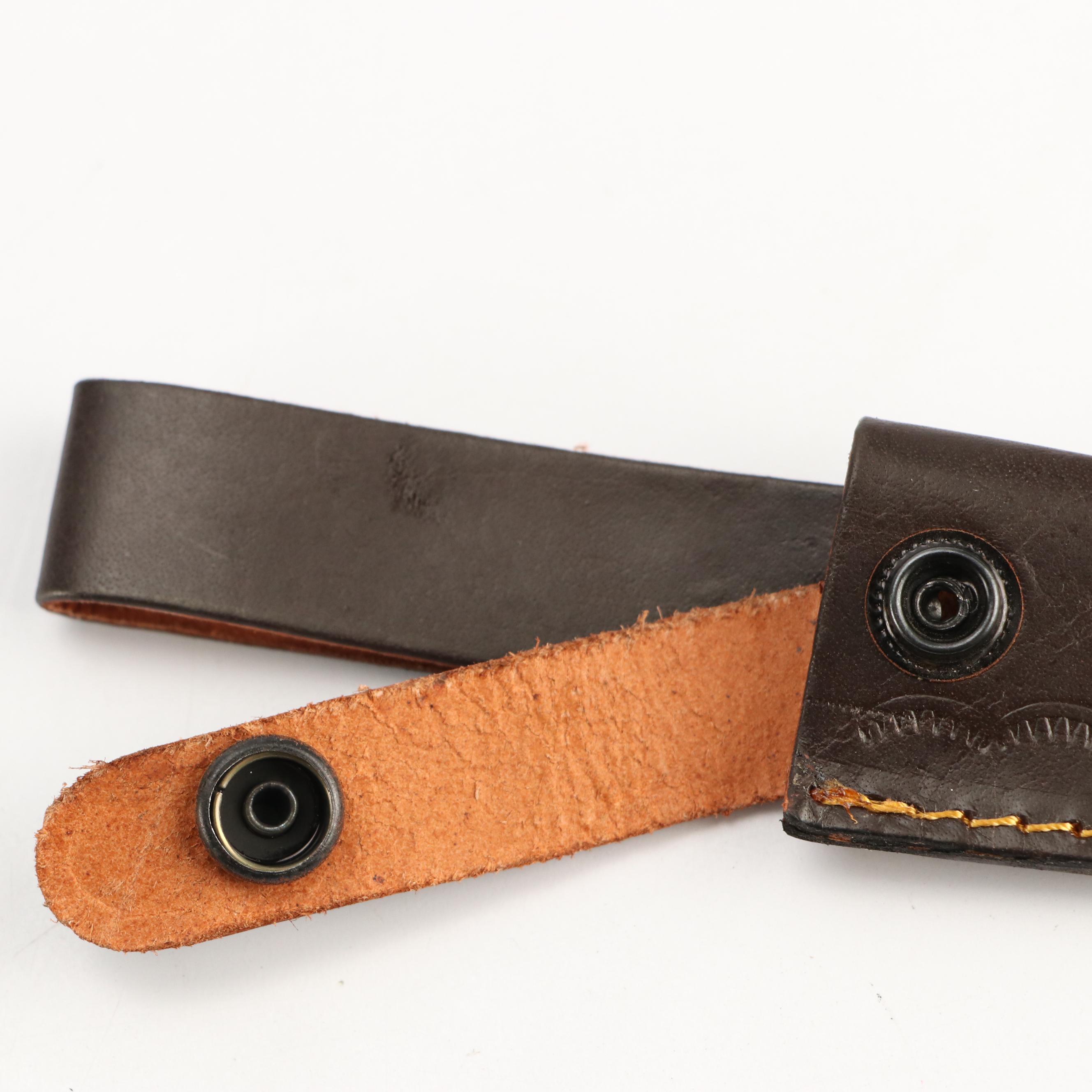 Damascus Steel and Antler Handled Skinner Knives in Leather Scabbards