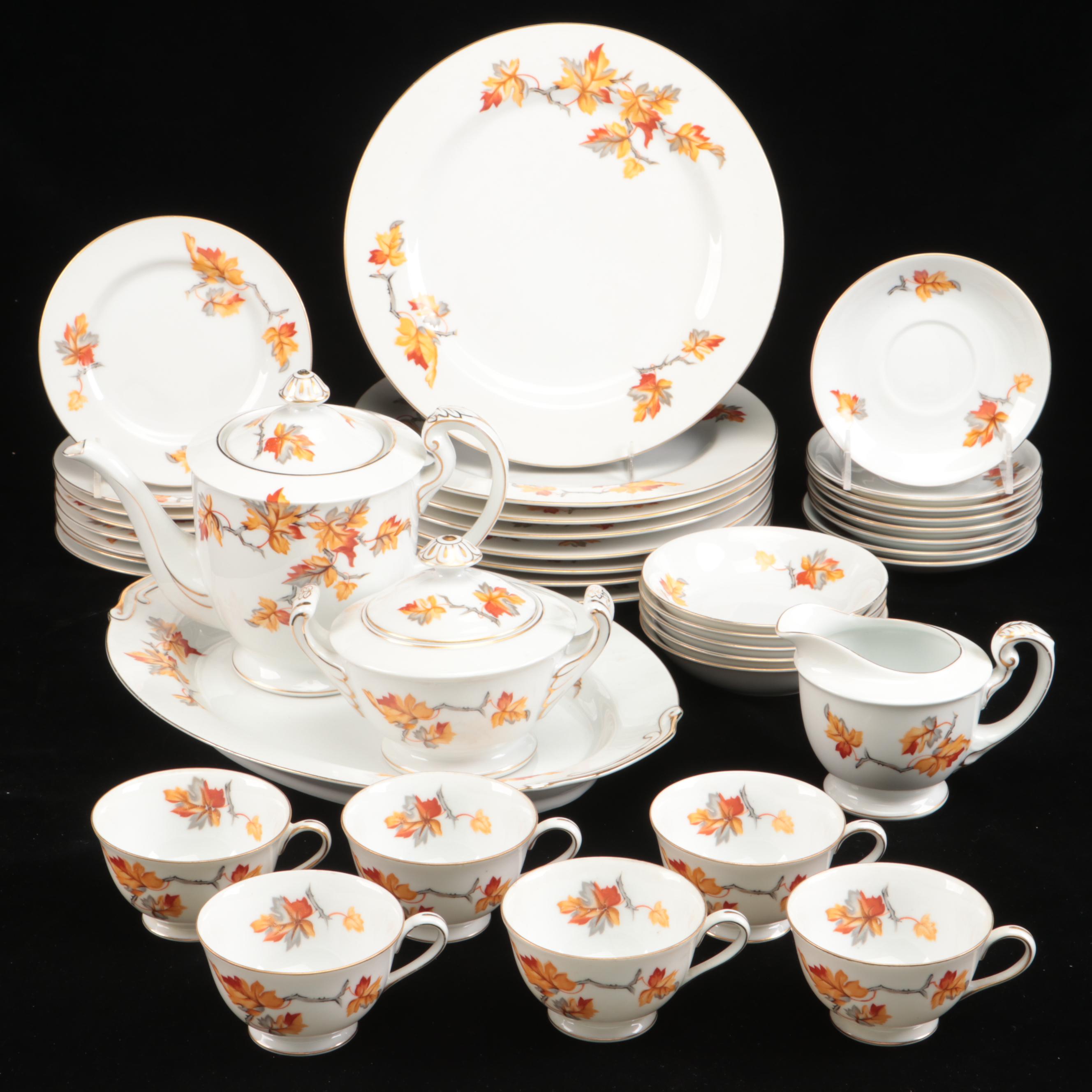 Japanese Craftsman "Golden Autumn" Porcelain Dinnerware, Mid-20th Century