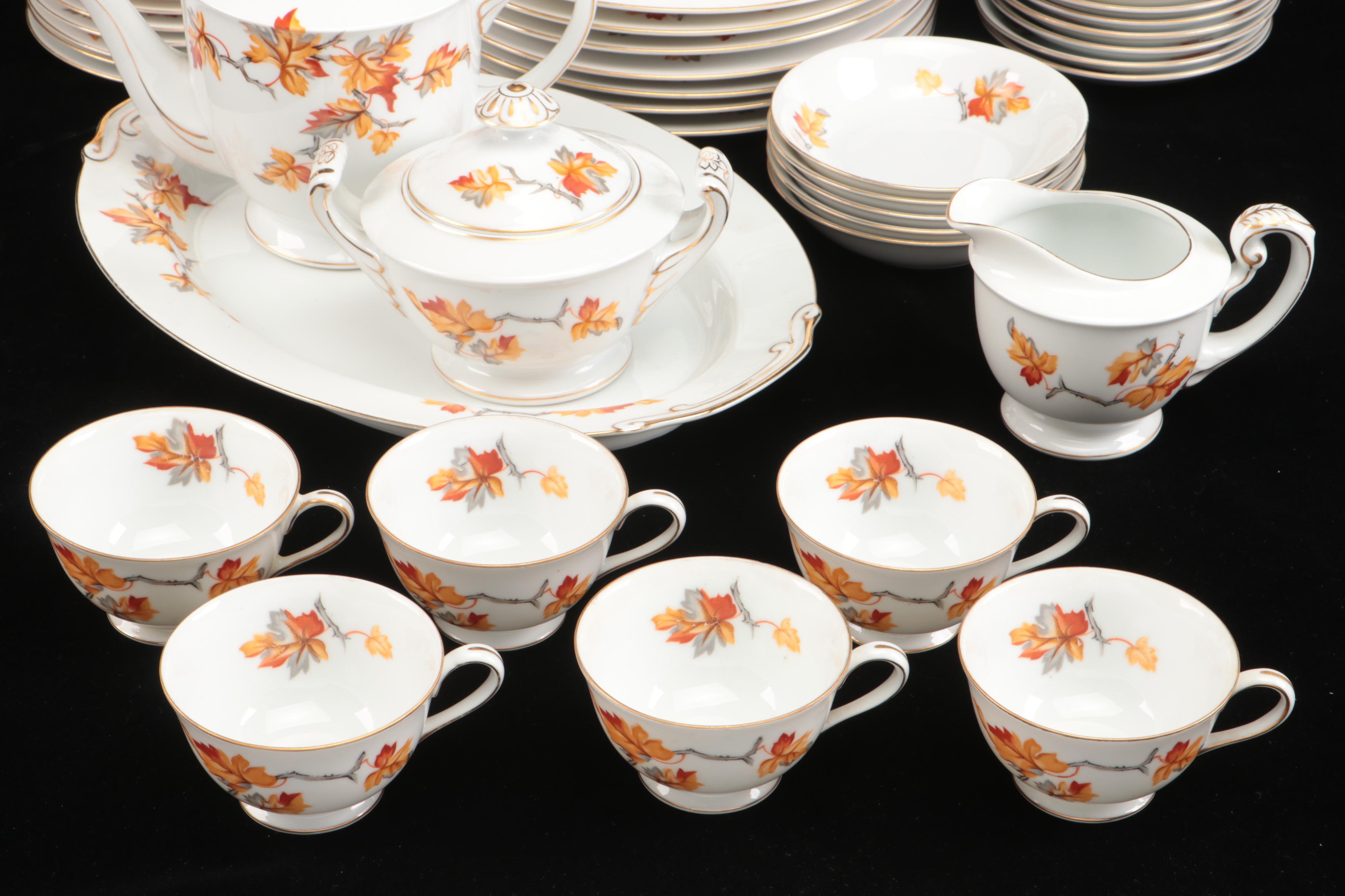 Japanese Craftsman "Golden Autumn" Porcelain Dinnerware, Mid-20th Century
