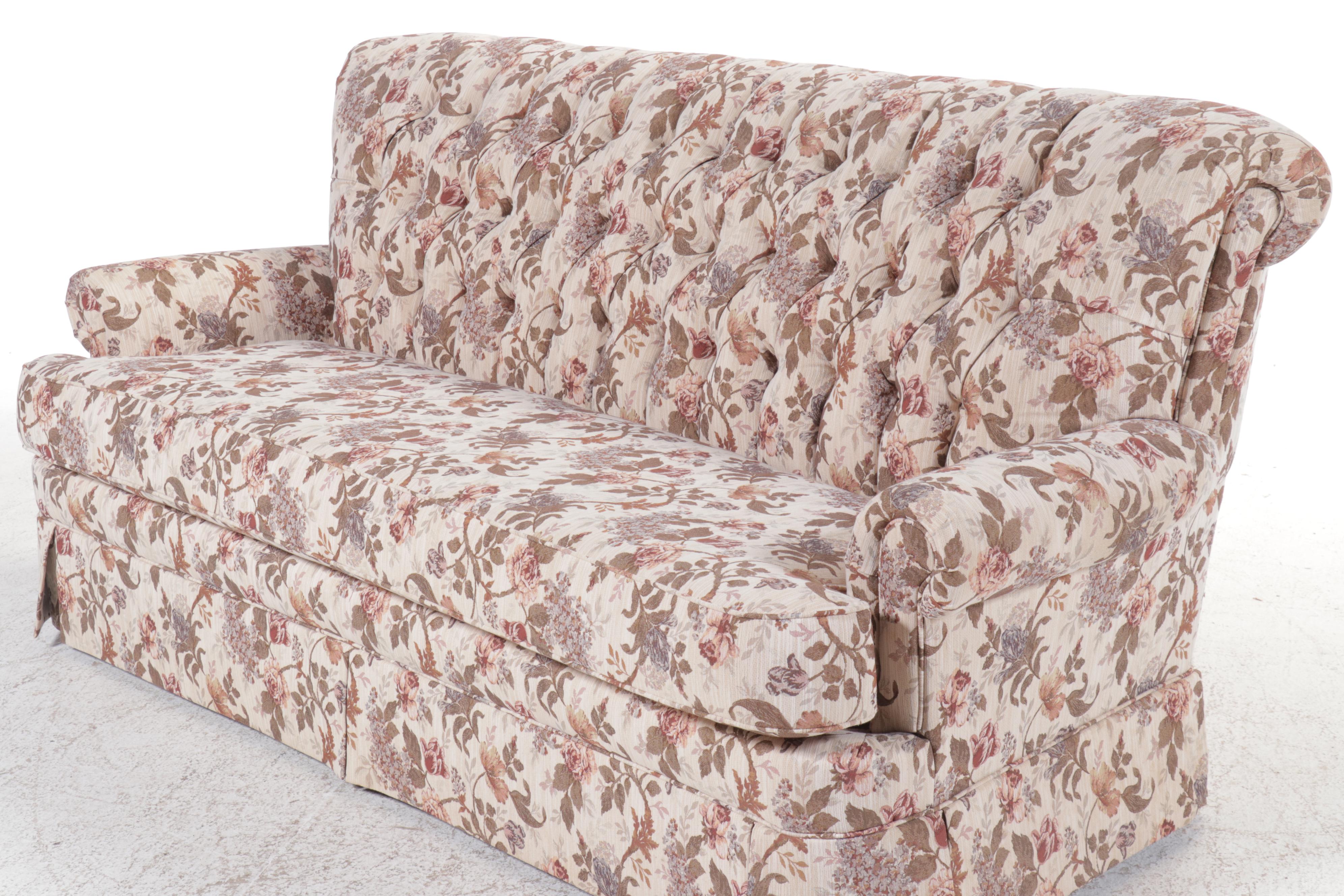 England Inc. Button-Tufted Roll-Top Floral-Upholstered Sofa, Late 20th C.