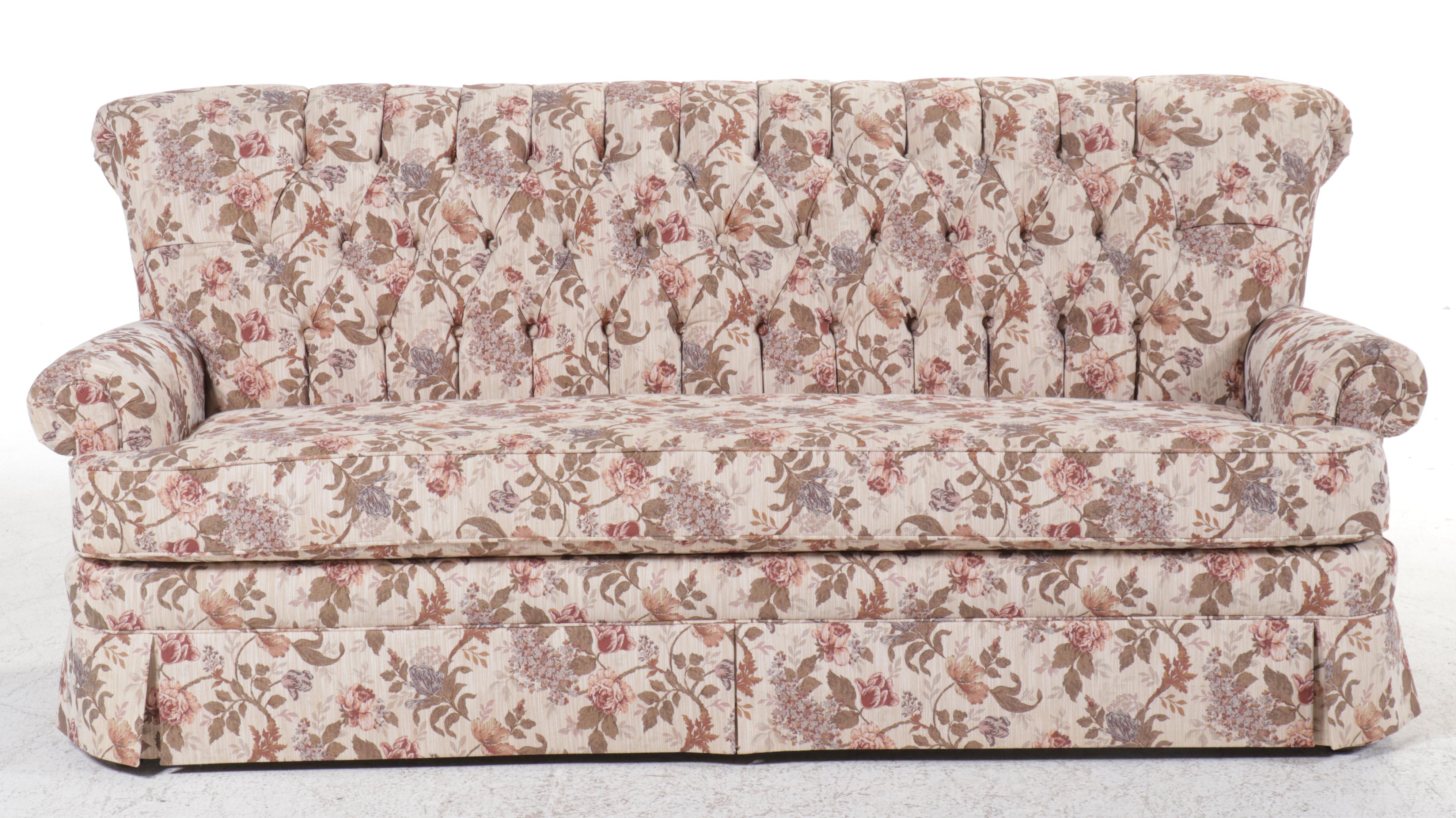 England Inc. Button-Tufted Roll-Top Floral-Upholstered Sofa, Late 20th C.