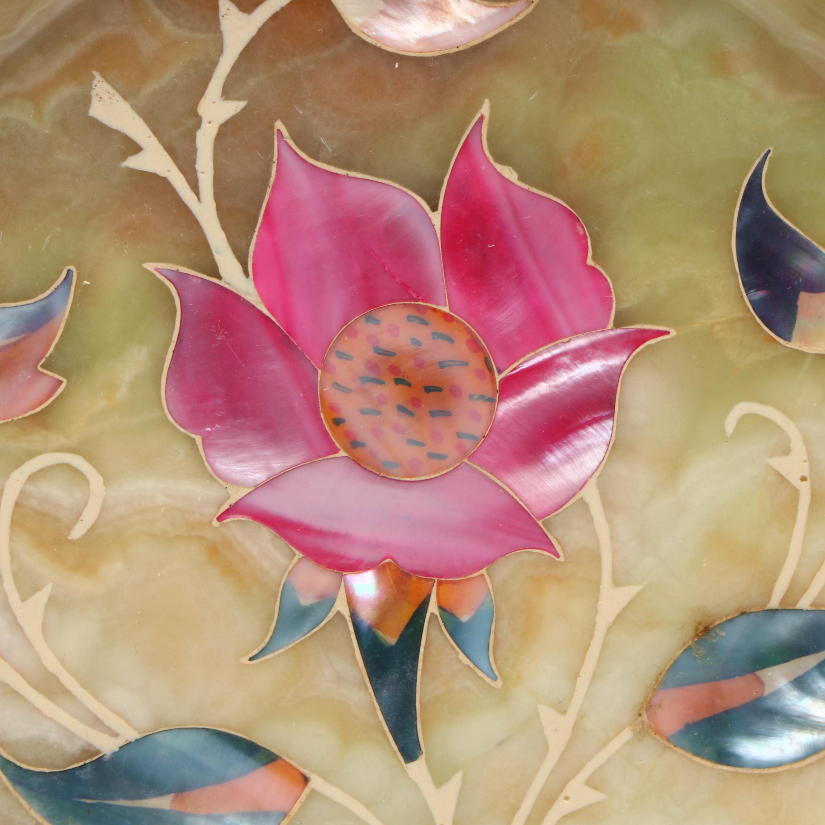 Pietra Dura Dyed MOP Floral Inlay on Calcite Marble Plate