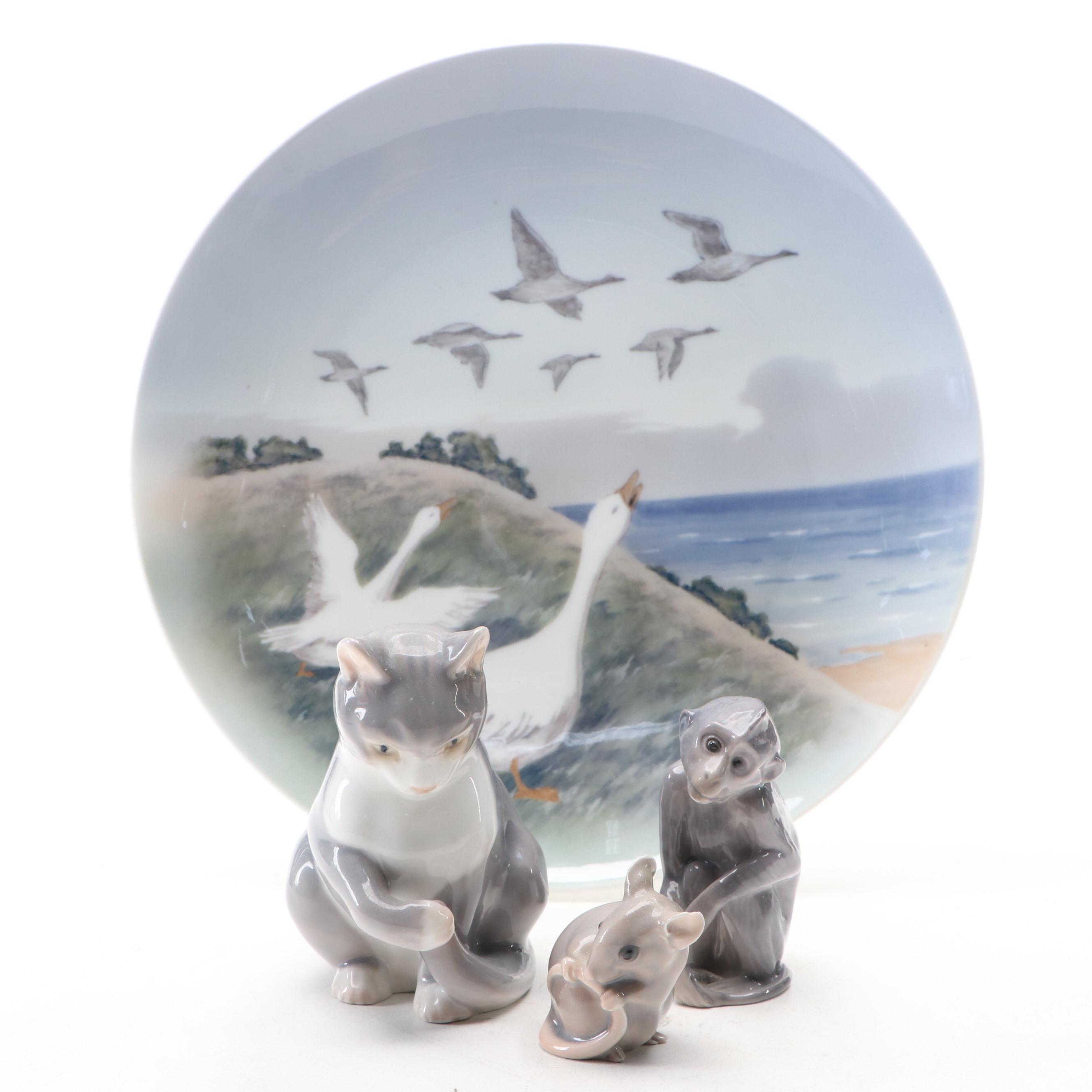 Danish Bing & Grøndahl Porcelain Figurines with Royal Copenhagen Ceramic Plate