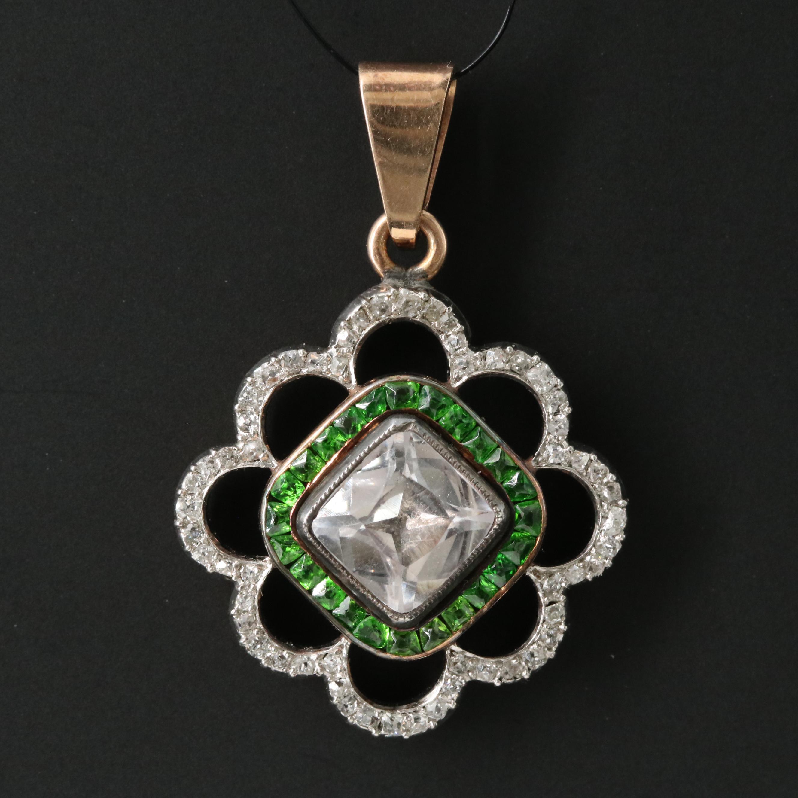 Antique 14K White Sapphire, Demantoid and Diamond Pendant with Platinum Top