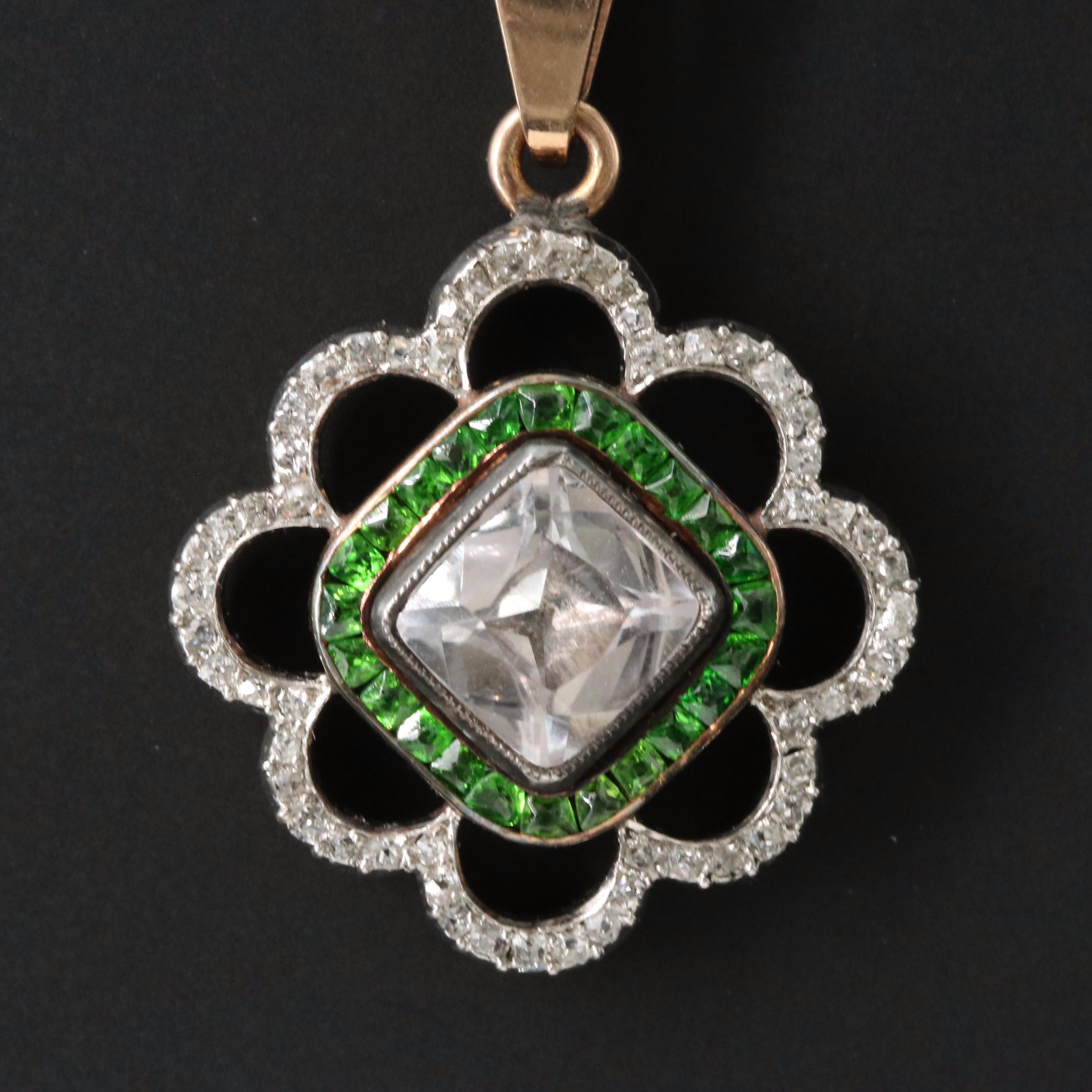 Antique 14K White Sapphire, Demantoid and Diamond Pendant with Platinum Top
