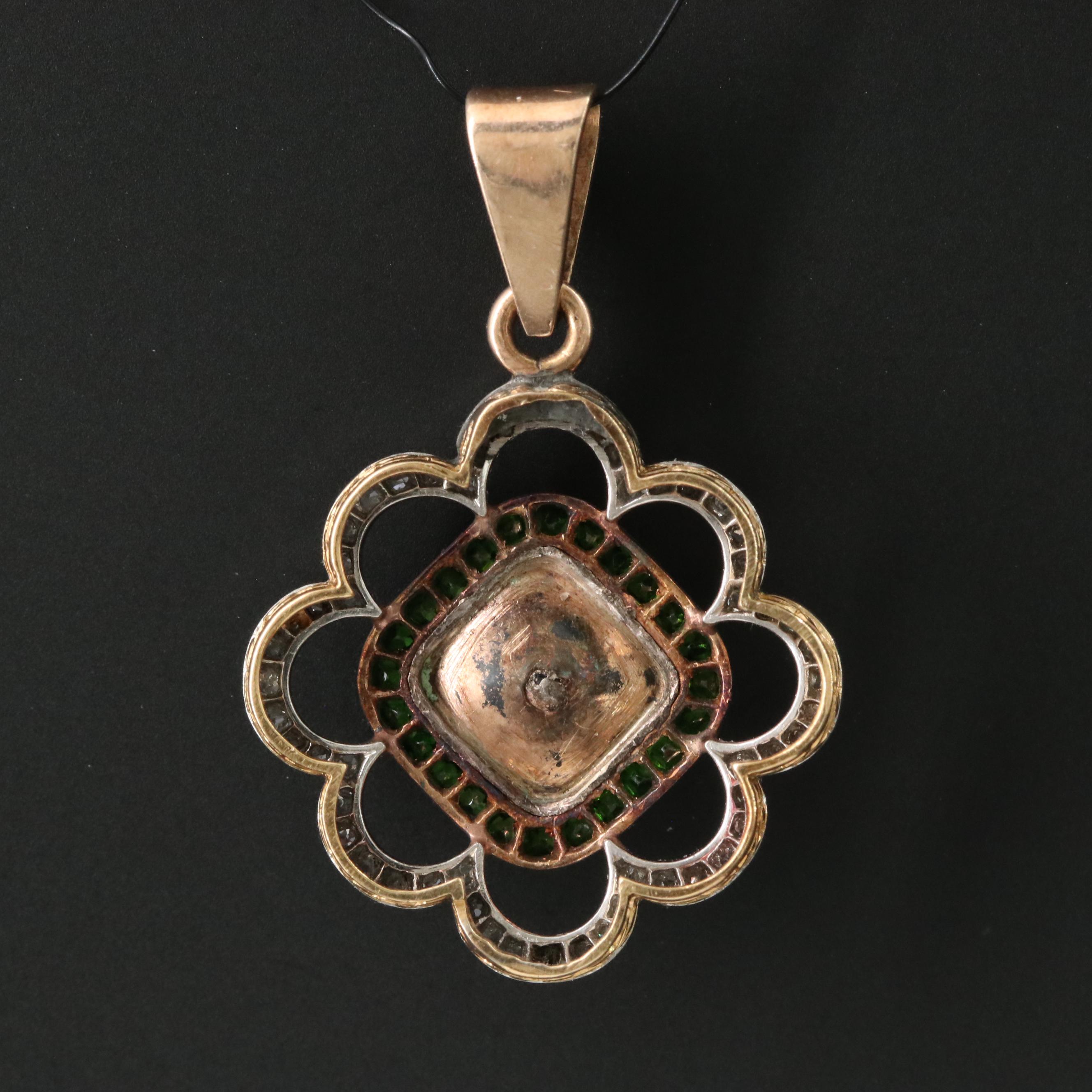 Antique 14K White Sapphire, Demantoid and Diamond Pendant with Platinum Top