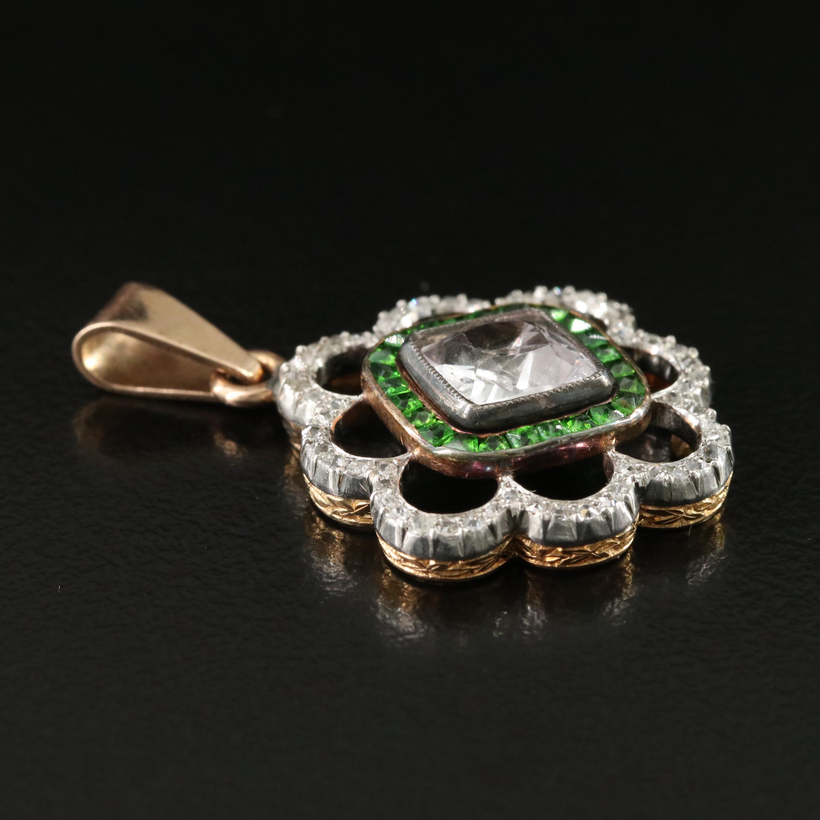 Antique 14K White Sapphire, Demantoid and Diamond Pendant with Platinum Top